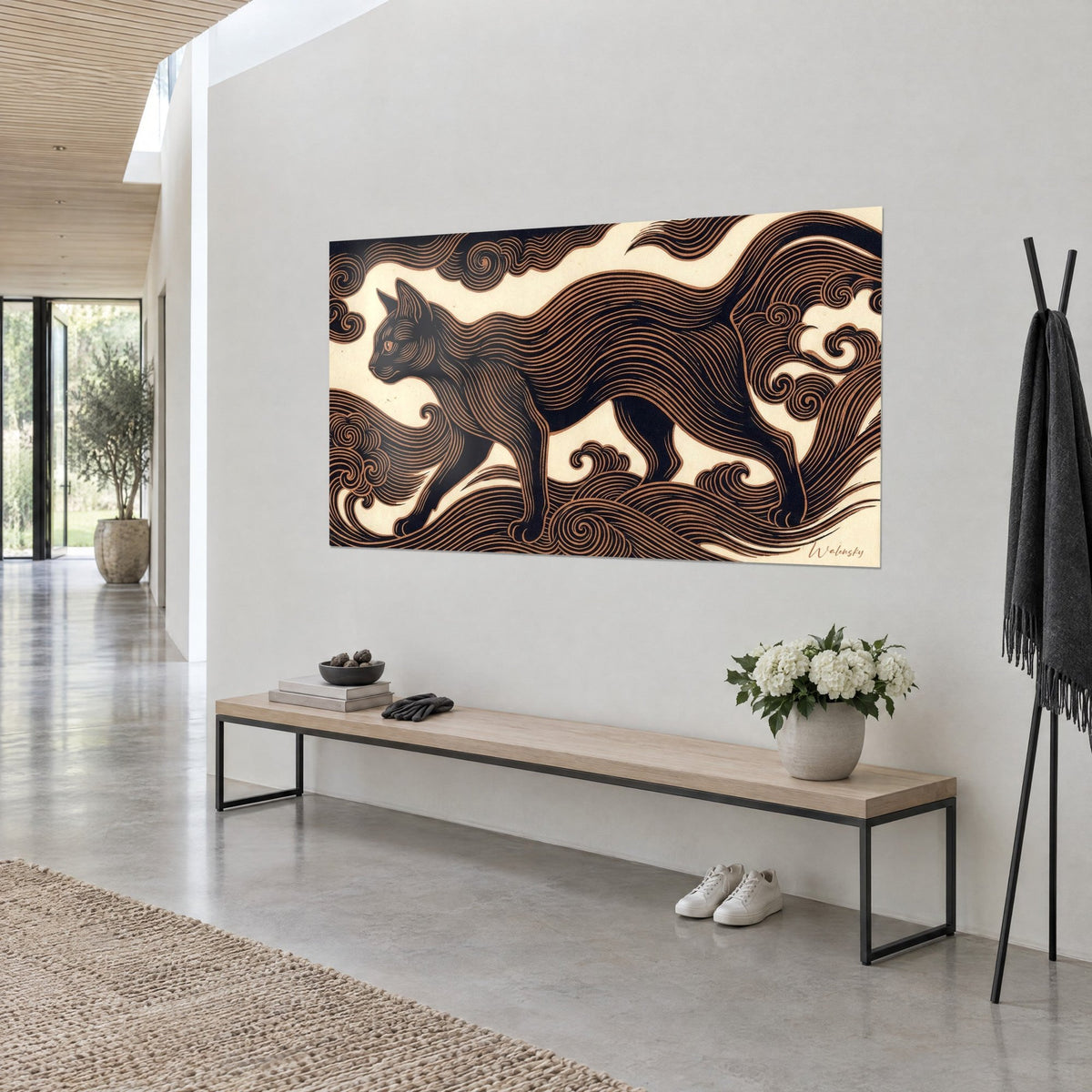 Wall art of an ink panther in linocut, copper lines on cream, waves curling around the paws, white wall and wooden bench
