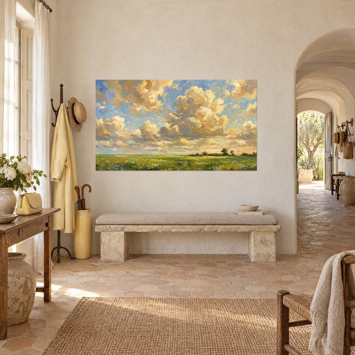 Wall art impressionist clouds in gold and periwinkle blue, green meadow dotted with flowers, three-quarter view in a Provençal farmhouse