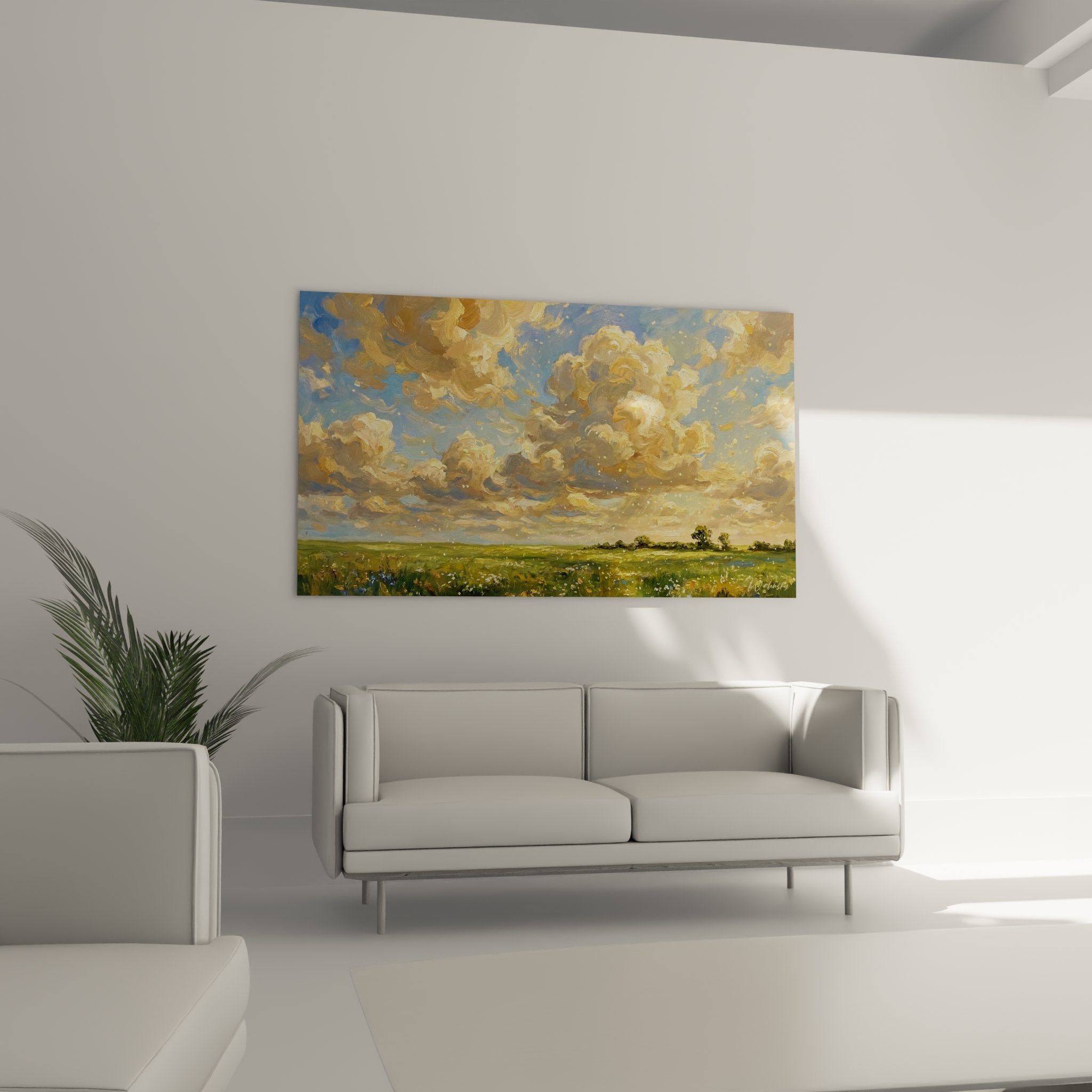 Detail tableau paysage normandie technique impressionniste nuages dores empâtements visibles