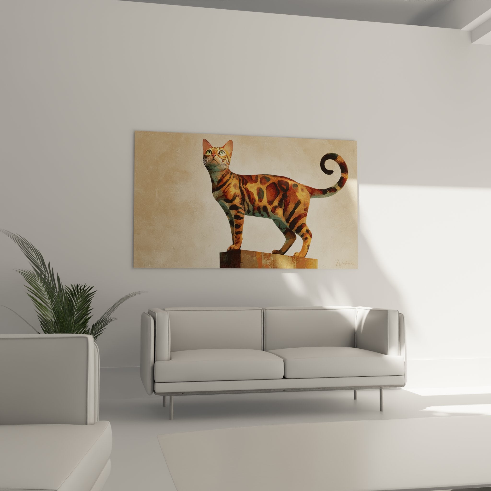 Détail du tableau chat Bengal montrant les motifs organiques colorés et la technique picturale raffinée