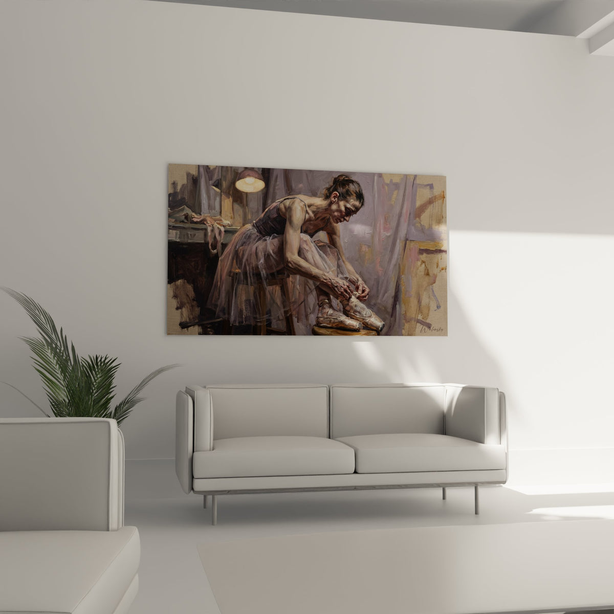 Detail ballerina preparation painting, fine art dancer in tutu adjusting pointe shoes