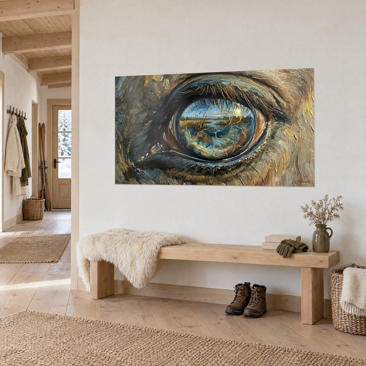 Gemälde wilder Blick mit schwarzen Wimpern, blauer Sumpf mit goldenen Rissen, aus dreiviertel Sicht in einem Flur mit hellem Holz