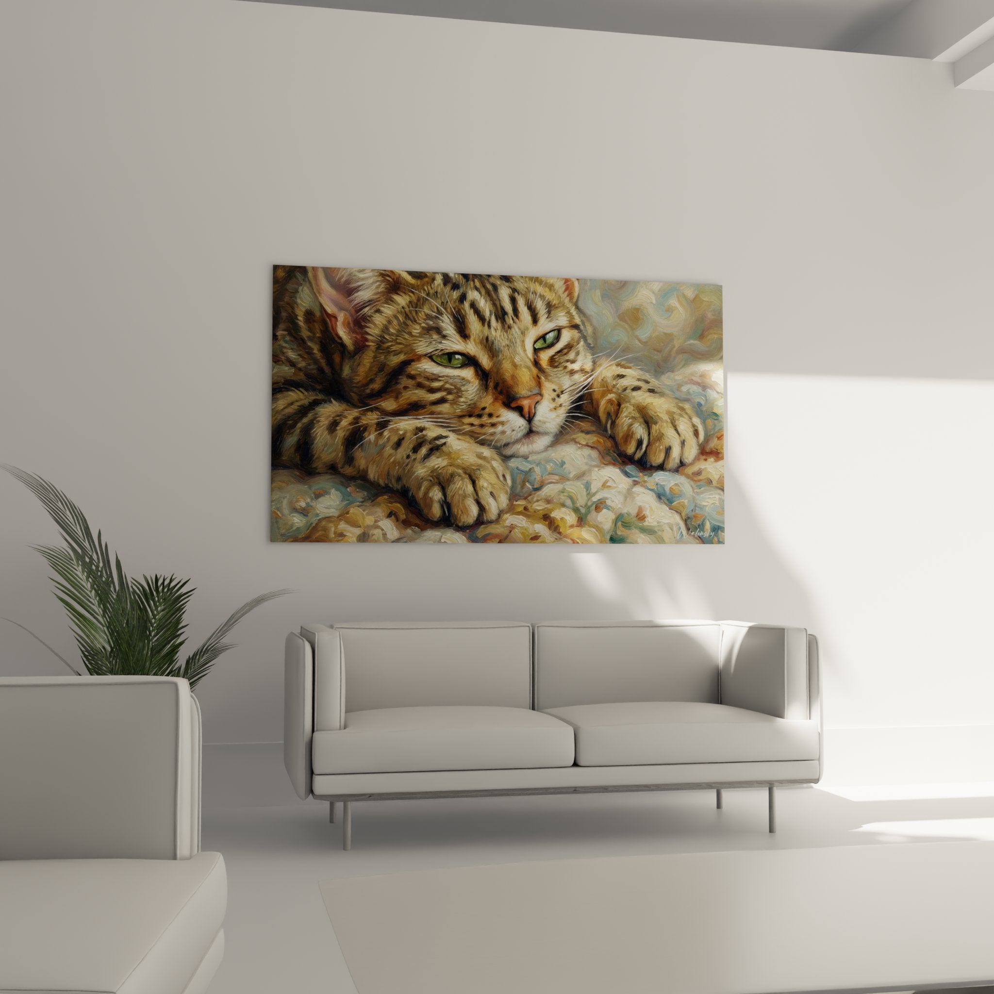 Dettaglio ravvicinato del dipinto Egyptian Mau che mostra la texture del mantello maculato e lo sguardo intenso