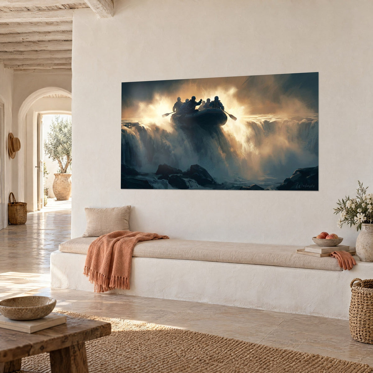 Wall art inflatable raft crew plunging into the spray, amber haze and dark rocks, three-quarter view on a white wall