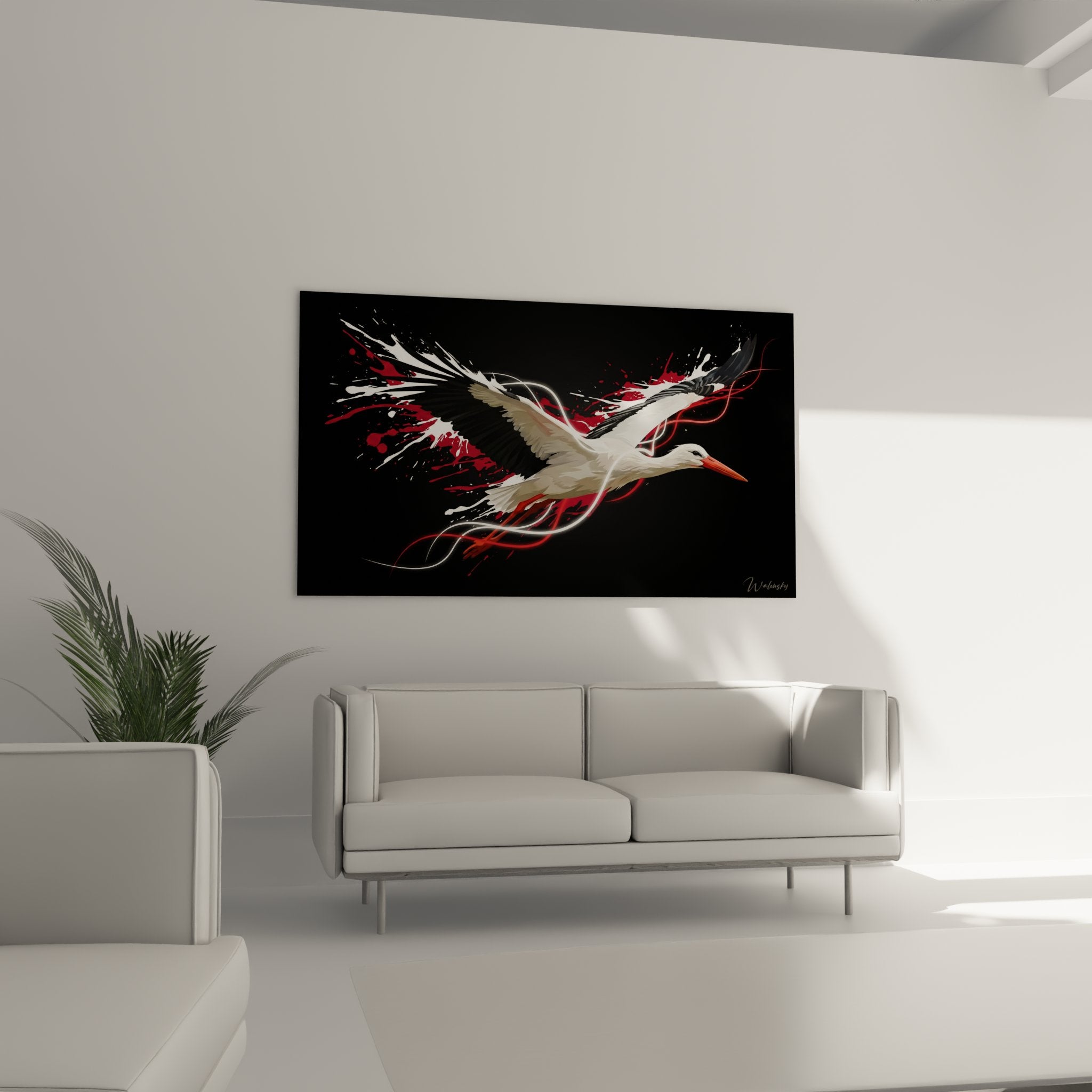 Détail tableau cigogne - plumage blanc et éclaboussures abstraites rouges dans style contemporain moderne