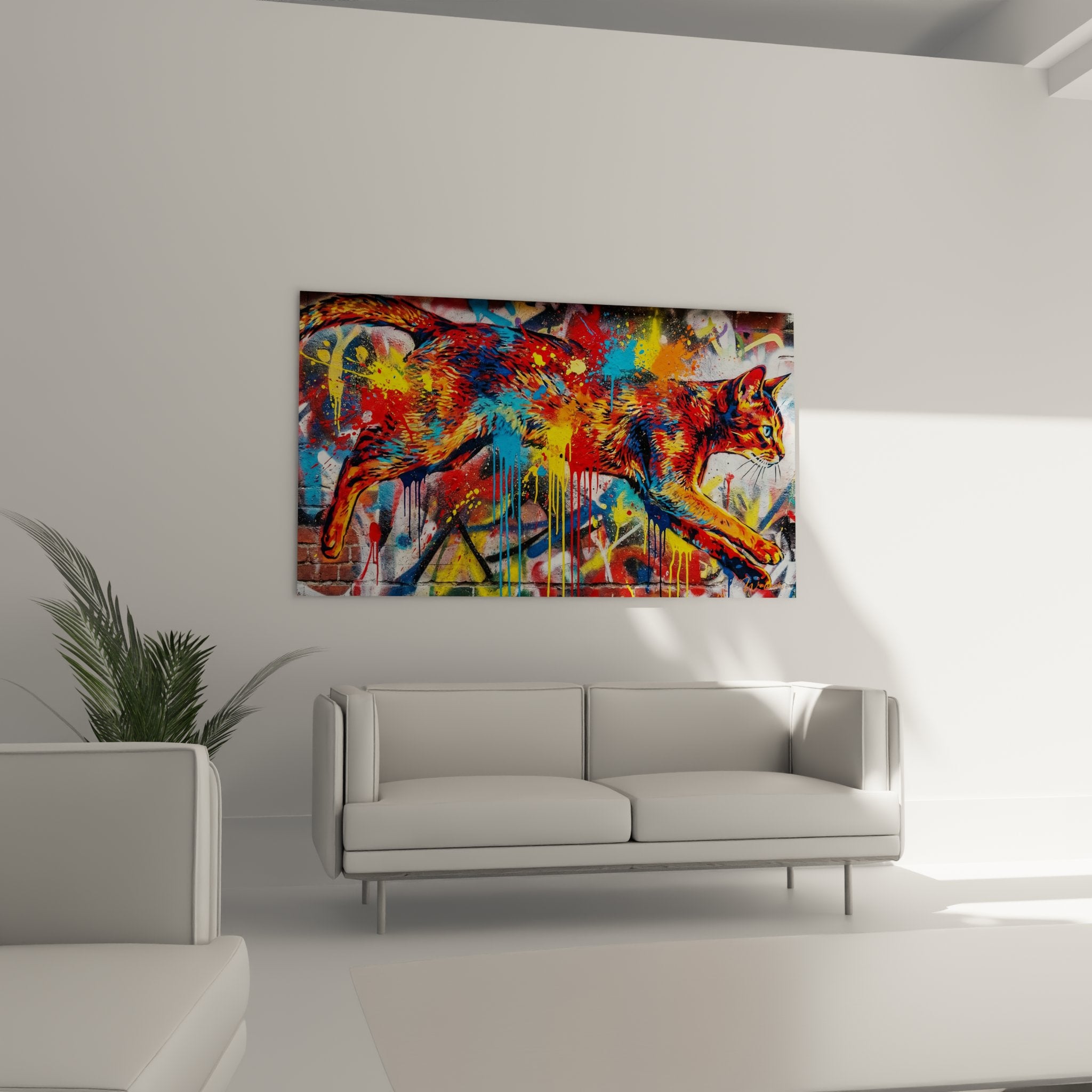 Abyssinian cat painting detail street art red orange blue splatter effect dynamic