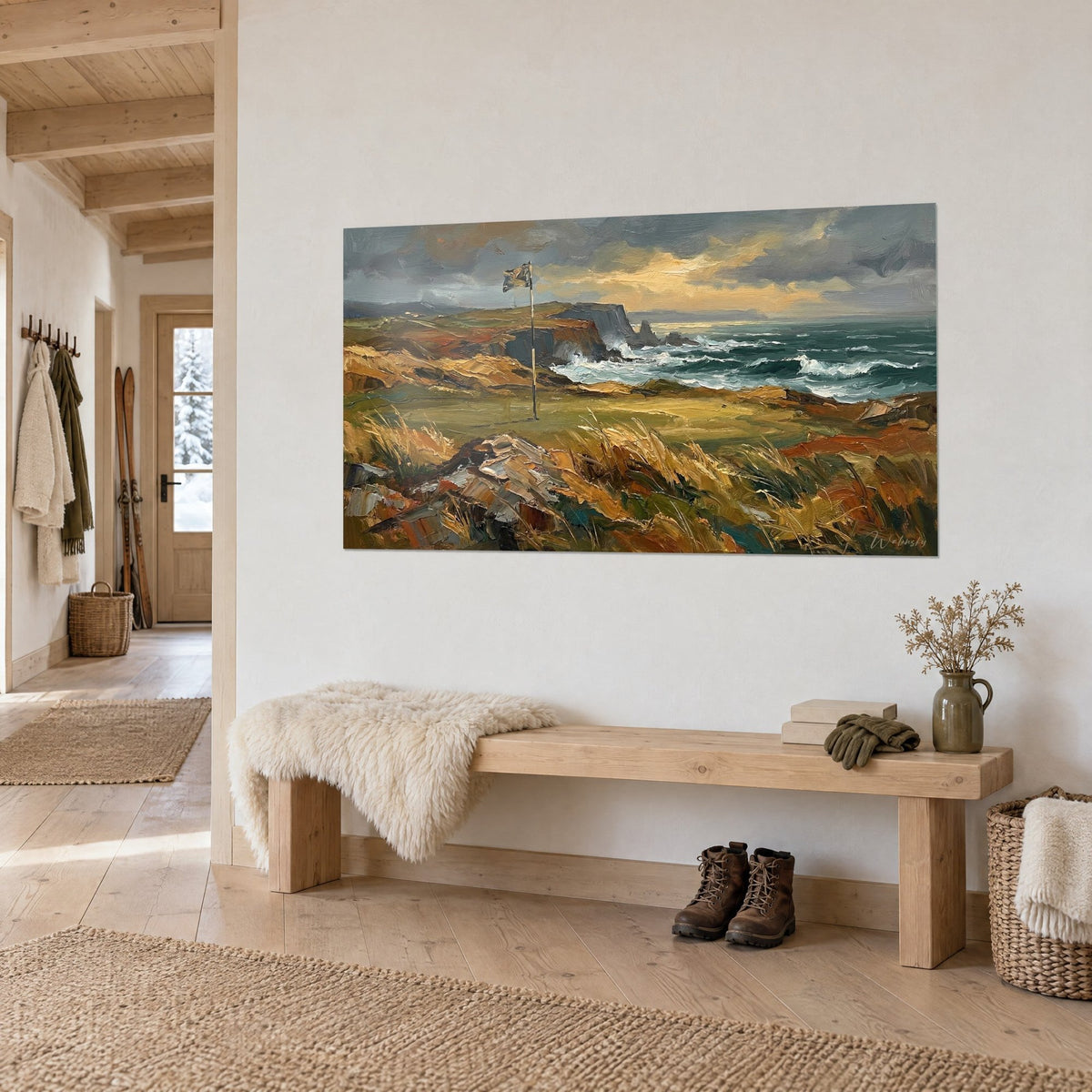 Gemälde Küsten-Fairway im Wind, ockerfarbene Gräser und türkisfarbene Wellen, Holzbank, Wanderstiefel, in einem Chalet-Eingang