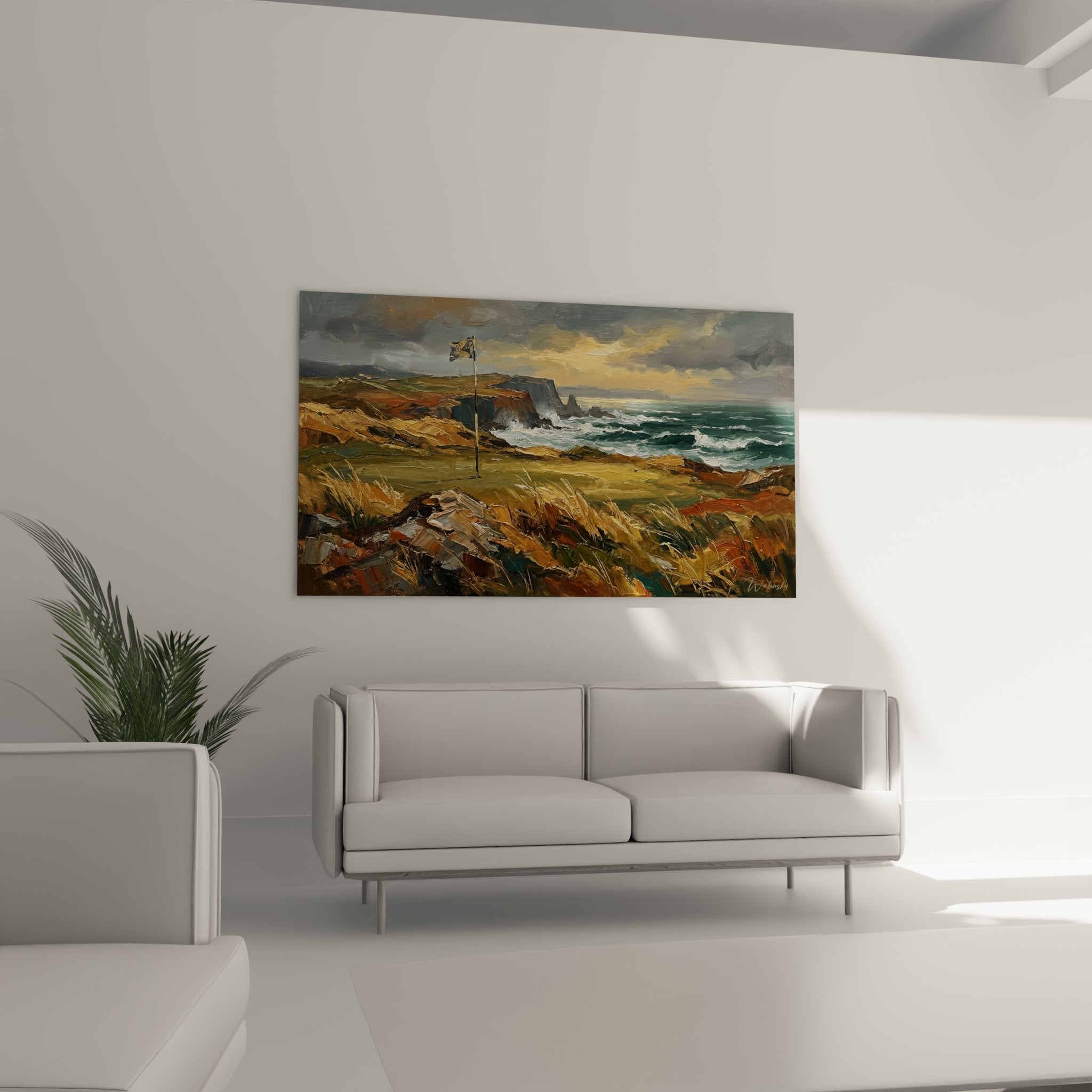 Détail tableau golf côtier montrant technique peinture empâtée et couleurs marines expressives