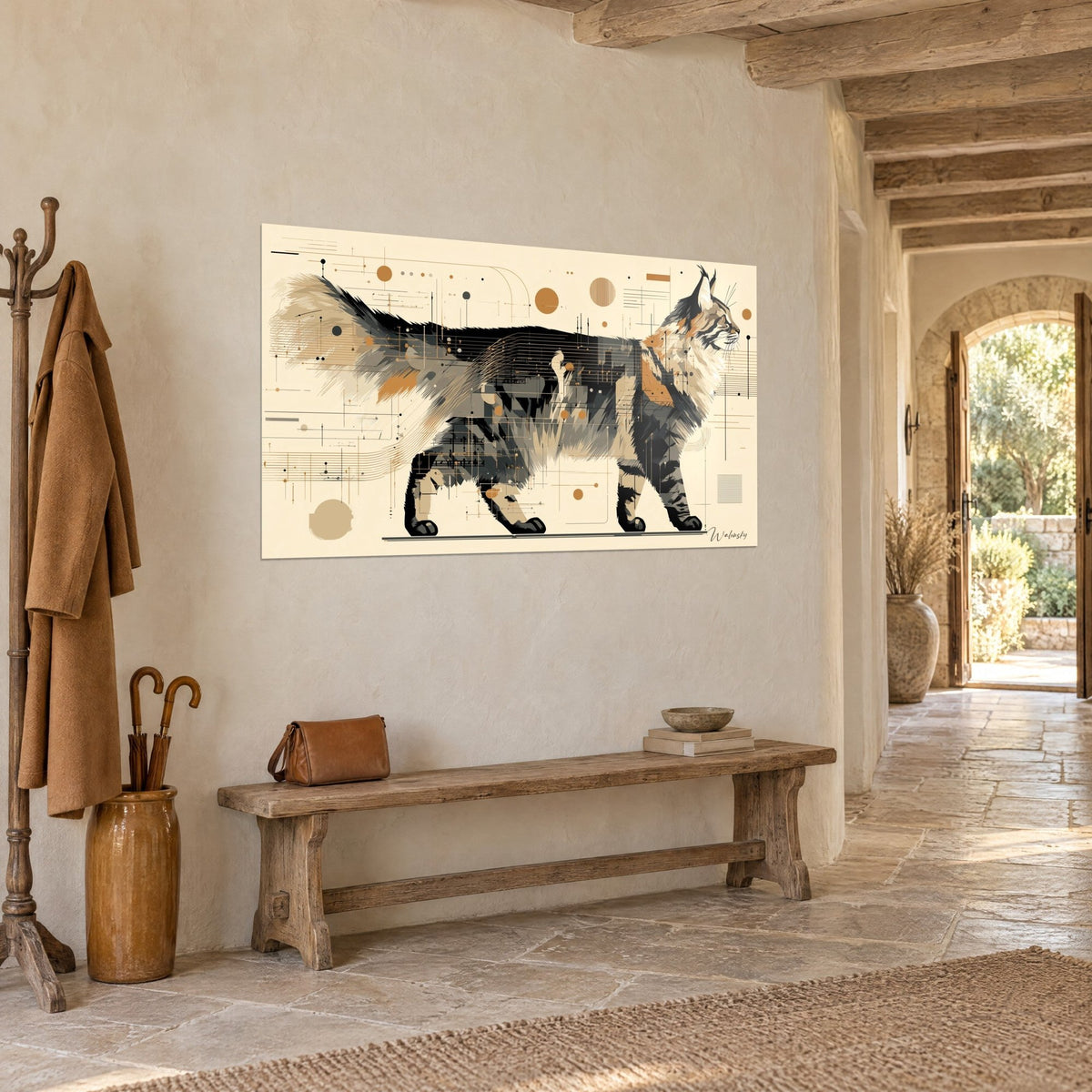 Wall art side profile of a walking cat, charcoal and sand fur streaked with copper lines, stone wall of a country entryway