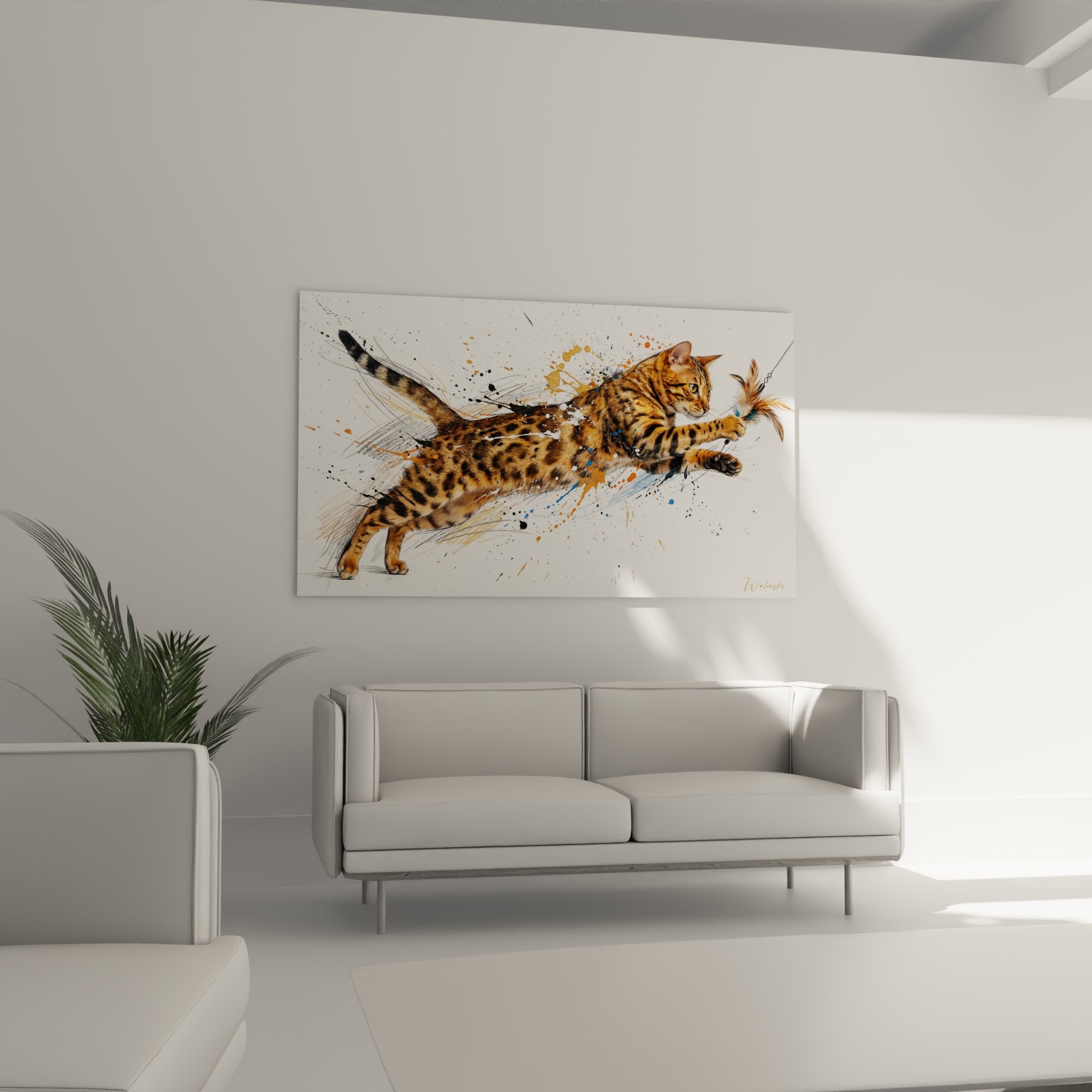 Detail du tableau montrant les rayures dorees du chat Bengal et les eclaboussures de peinture