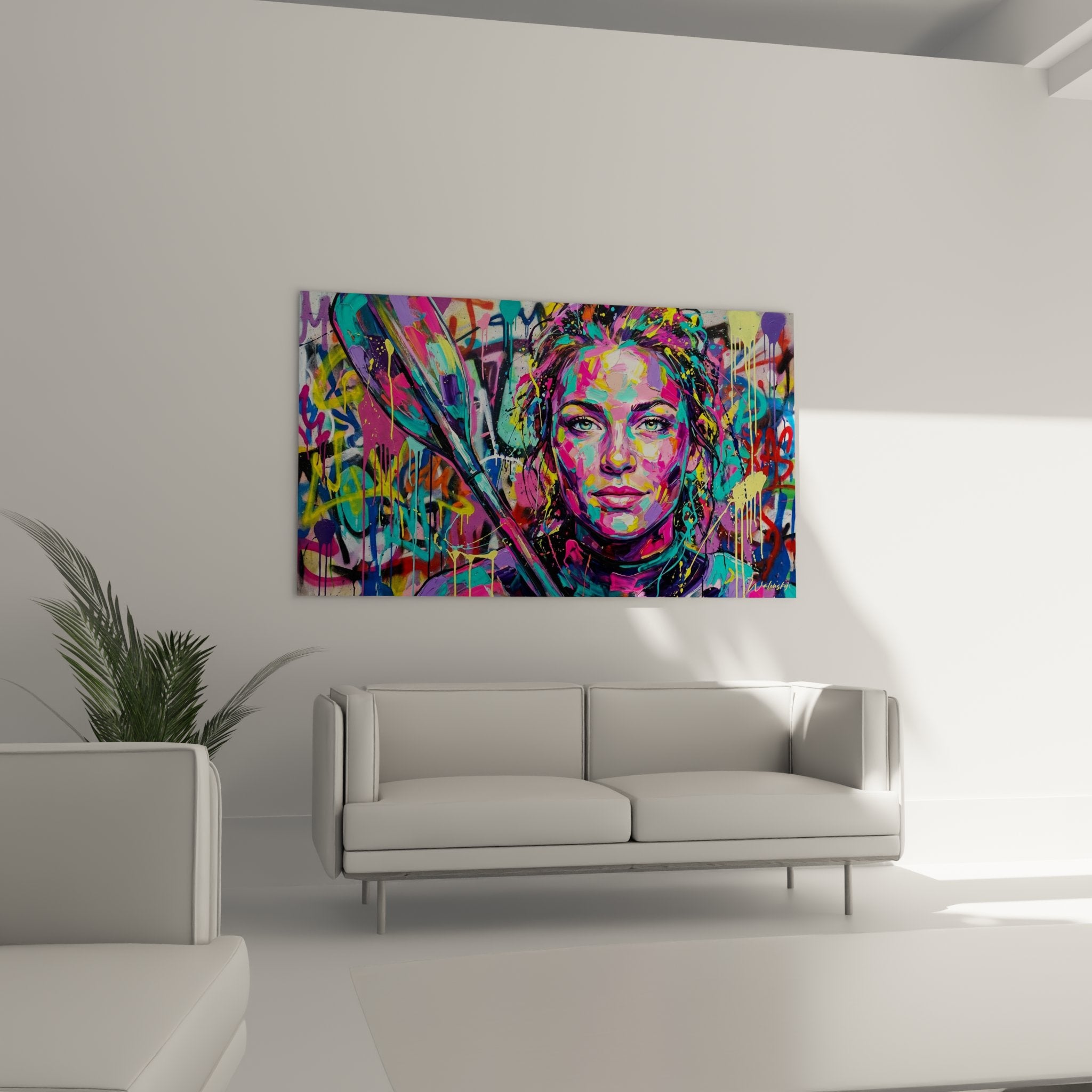 Détail du visage féminin aux couleurs vives dans style street art graffiti contemporain