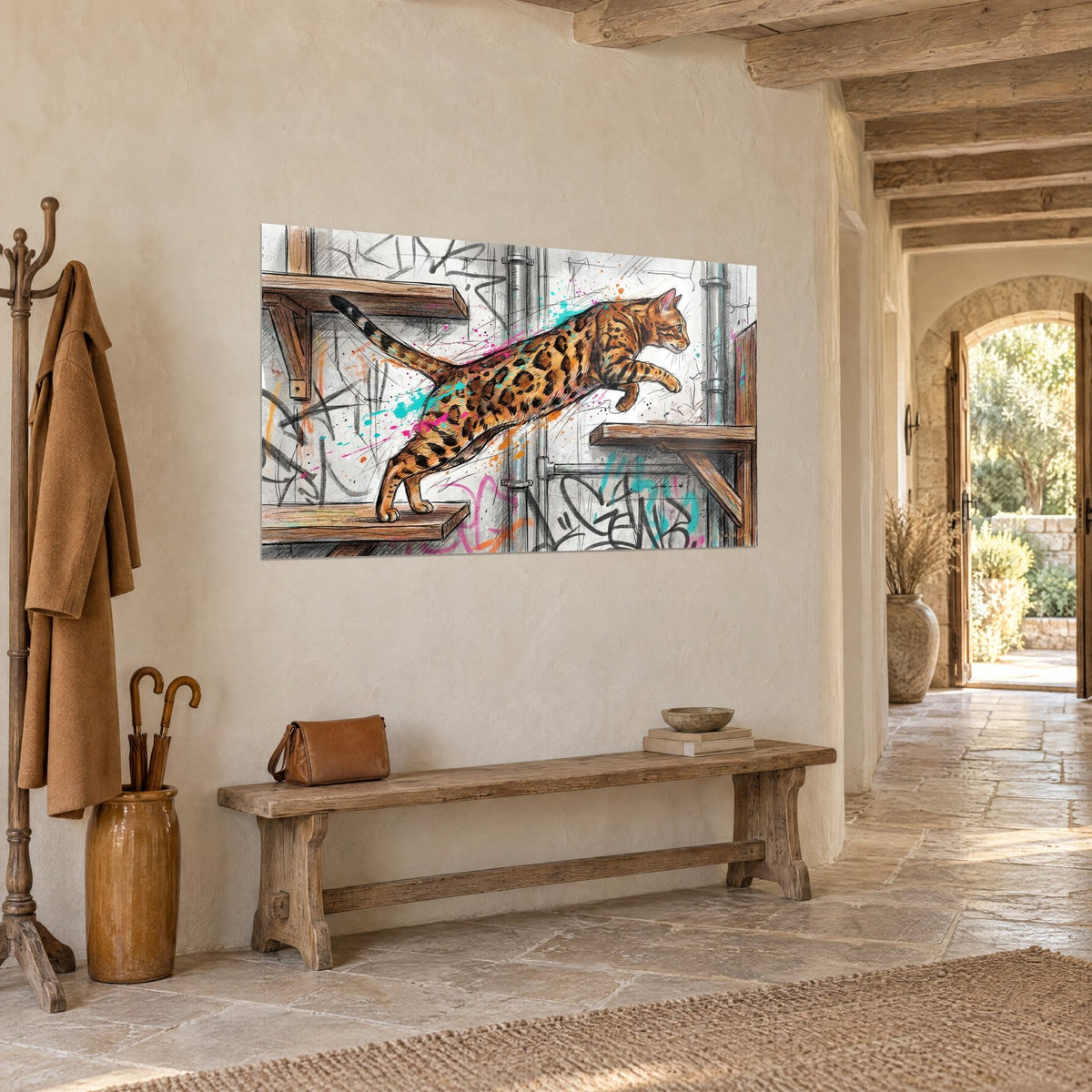 Schilderij van een luipaardkat midden in de sprong tussen twee bruine houten planken, grijze graffiti en cyaan accenten, stenen entree