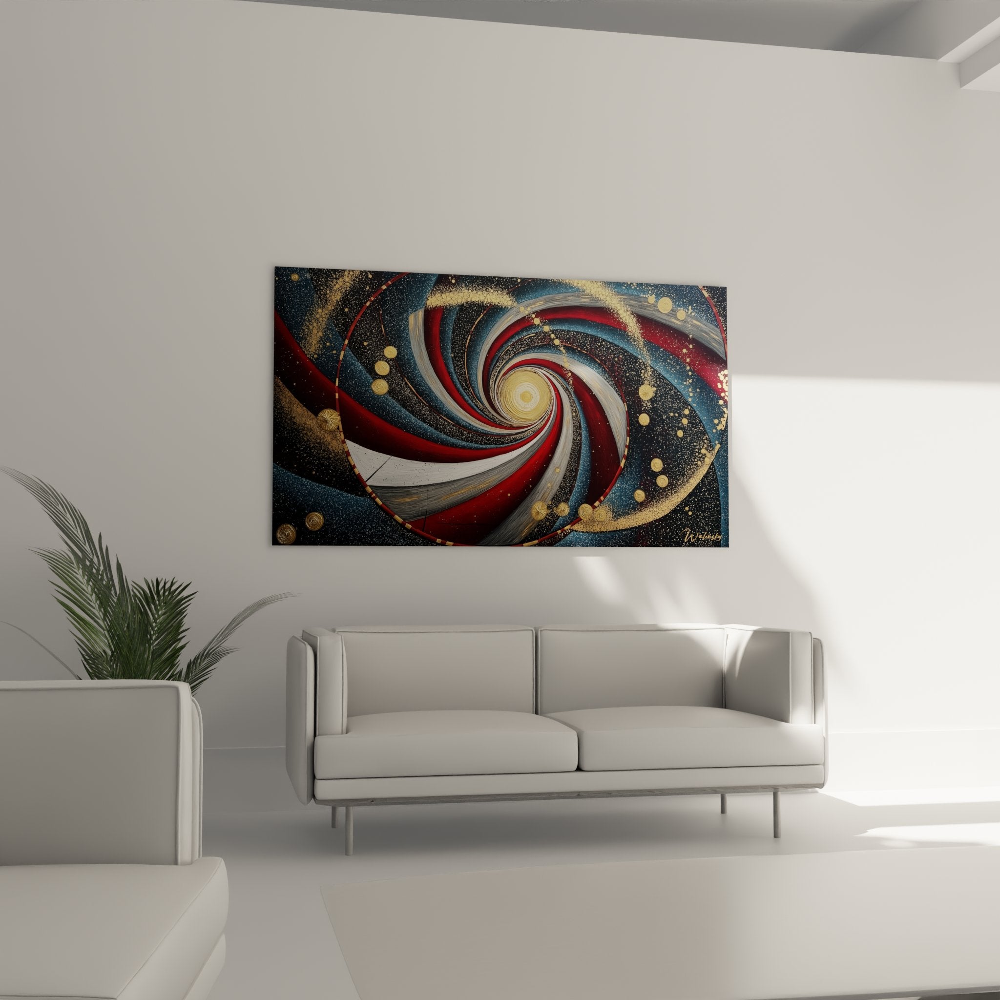 Détail texture spirale cosmique dorée, peinture moderne tourbillon céleste rouge bleu scintillant