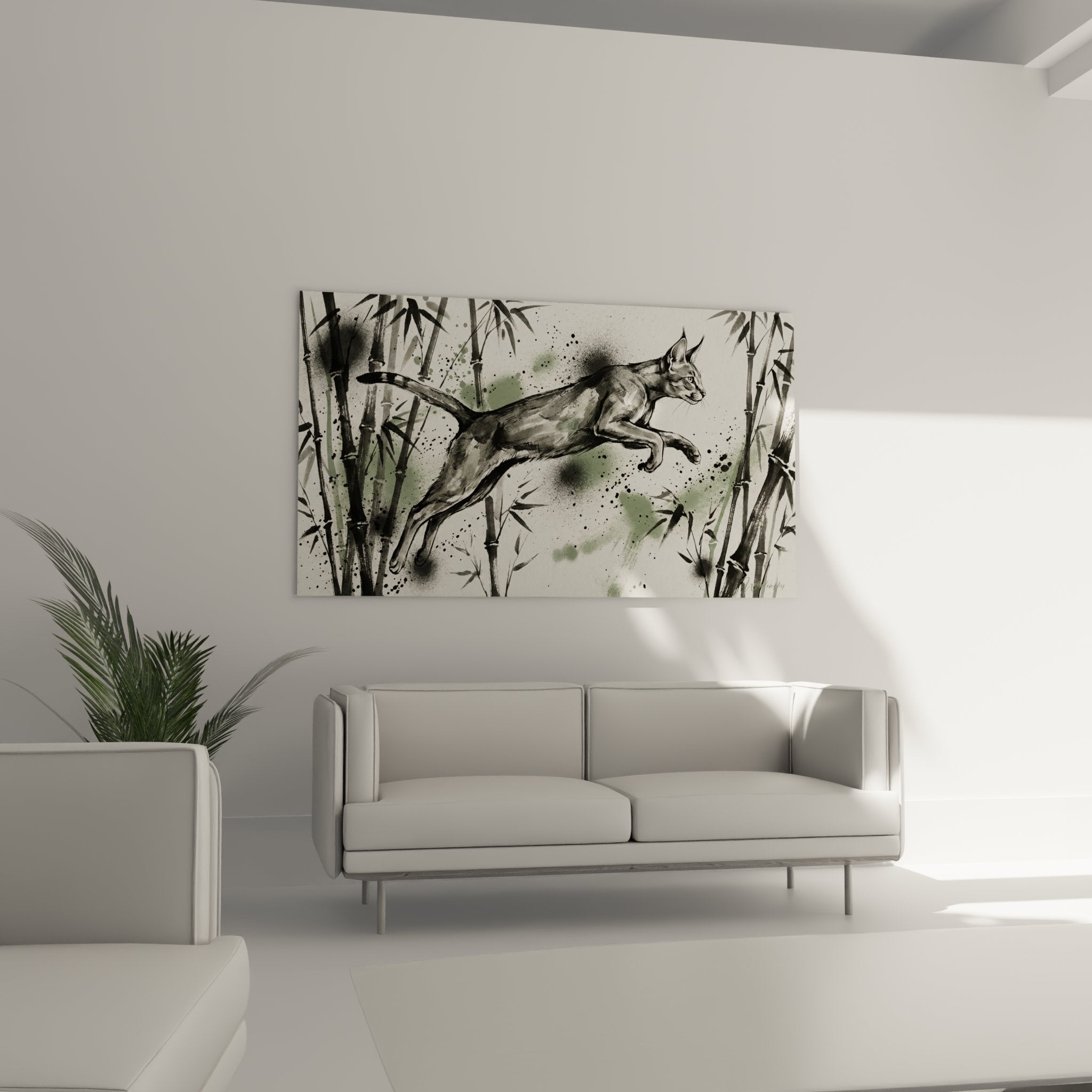 Détail tableau chat Chausie en mouvement, technique aquarelle, expressions faciales félines artistiques