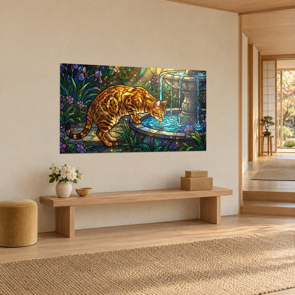 Wall art amber spotted feline drinking from a blue basin, purple irises and grey stone, three-quarter view beside a wooden bench