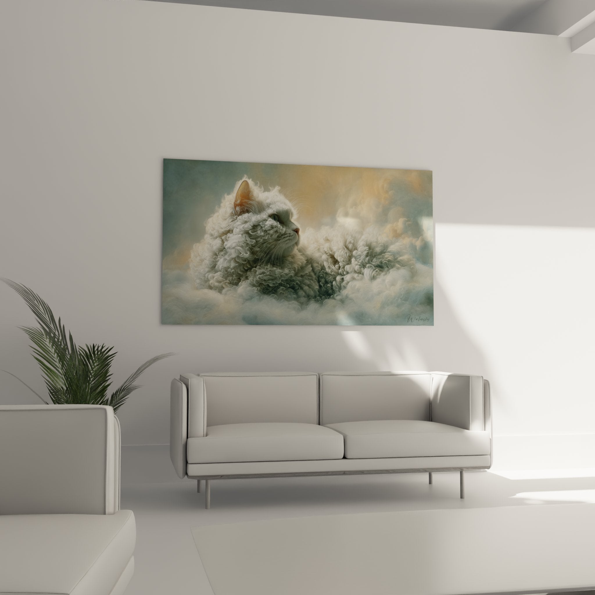 Détail du pelage bouclé du chat Selkirk Rex fusionnant avec les formations nuageuses vaporeuses