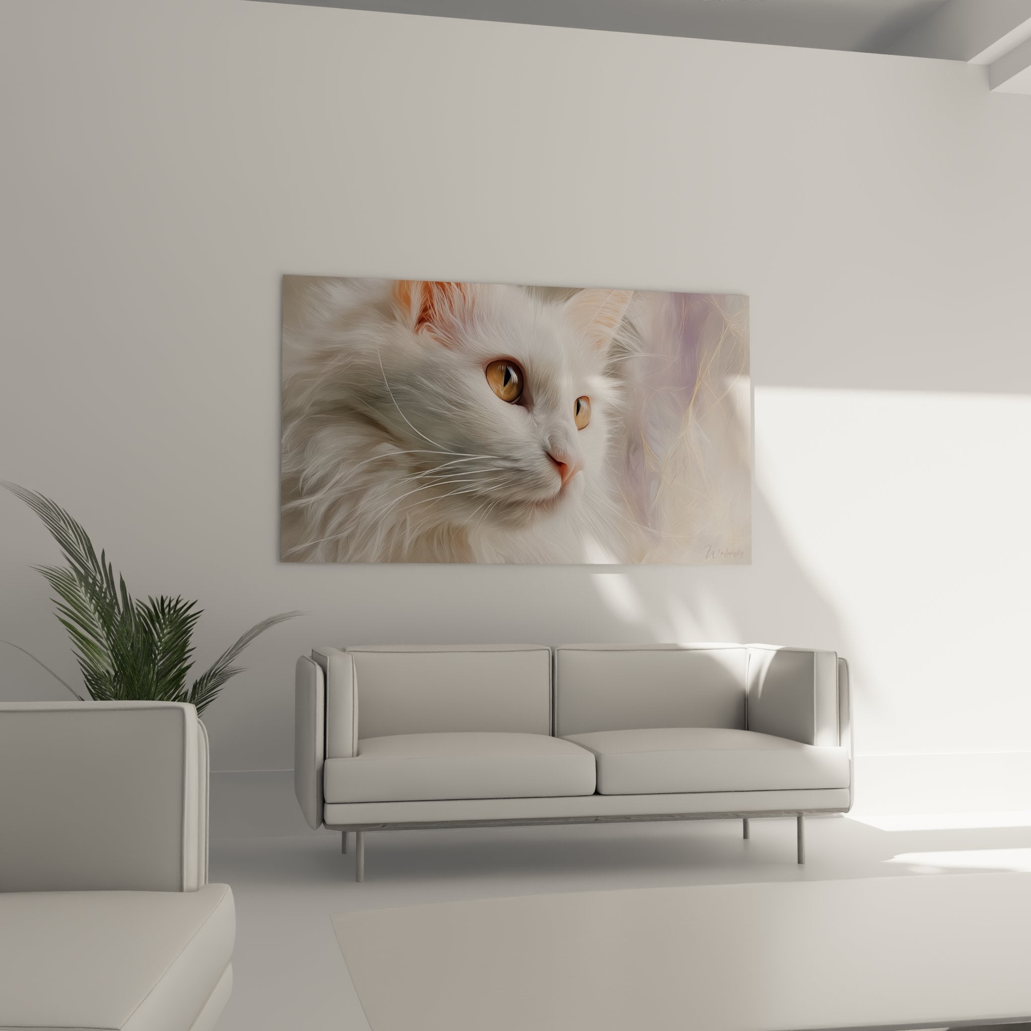 Close-up of golden eyes white Turkish Angora cat, silky coat details, contemplative expression