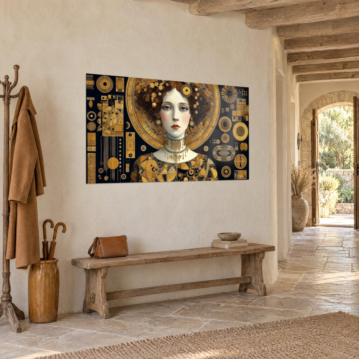 Cuadro musa Art Déco de mirada azul, halo dorado y motivos circulares ocre sobre negro, pared encalada de un pasillo de piedra