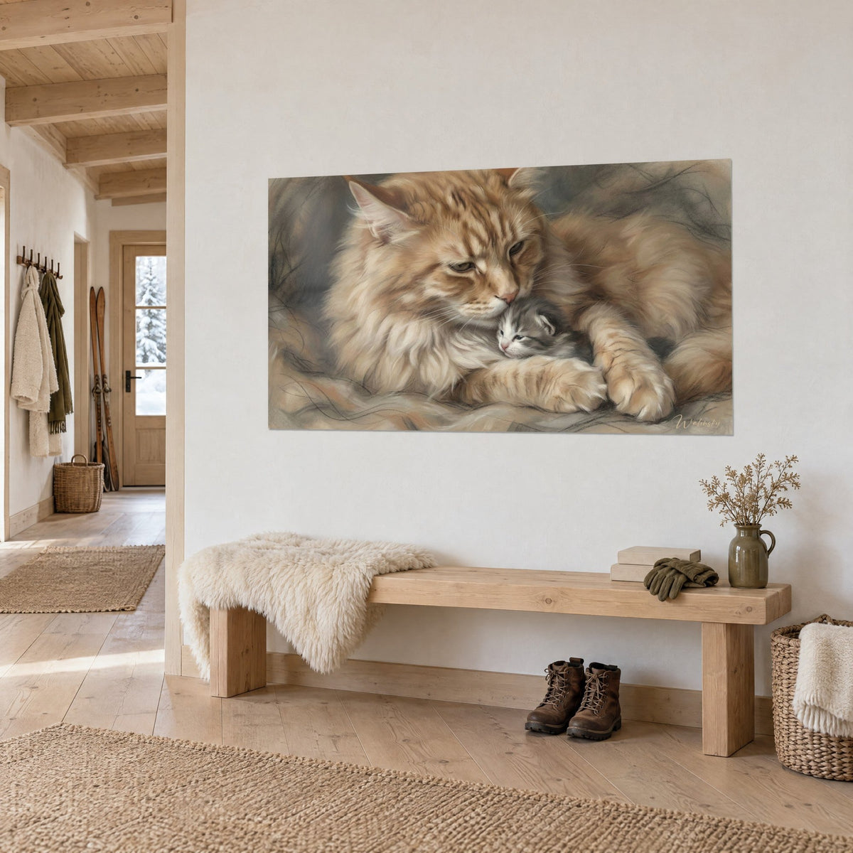 Gemälde Langhaarkatze in Fuchsrot, die über ein silbernes Kätzchen wacht, graue Kohlezeichnung, Eingangsbereich eines Chalets