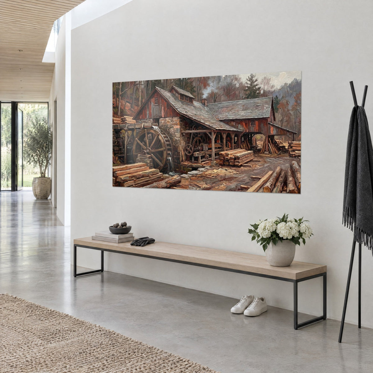 Wall art old sawmill with grey slate roofs, rust and stone walls, large wooden wheel, angled view, hung on a white wall