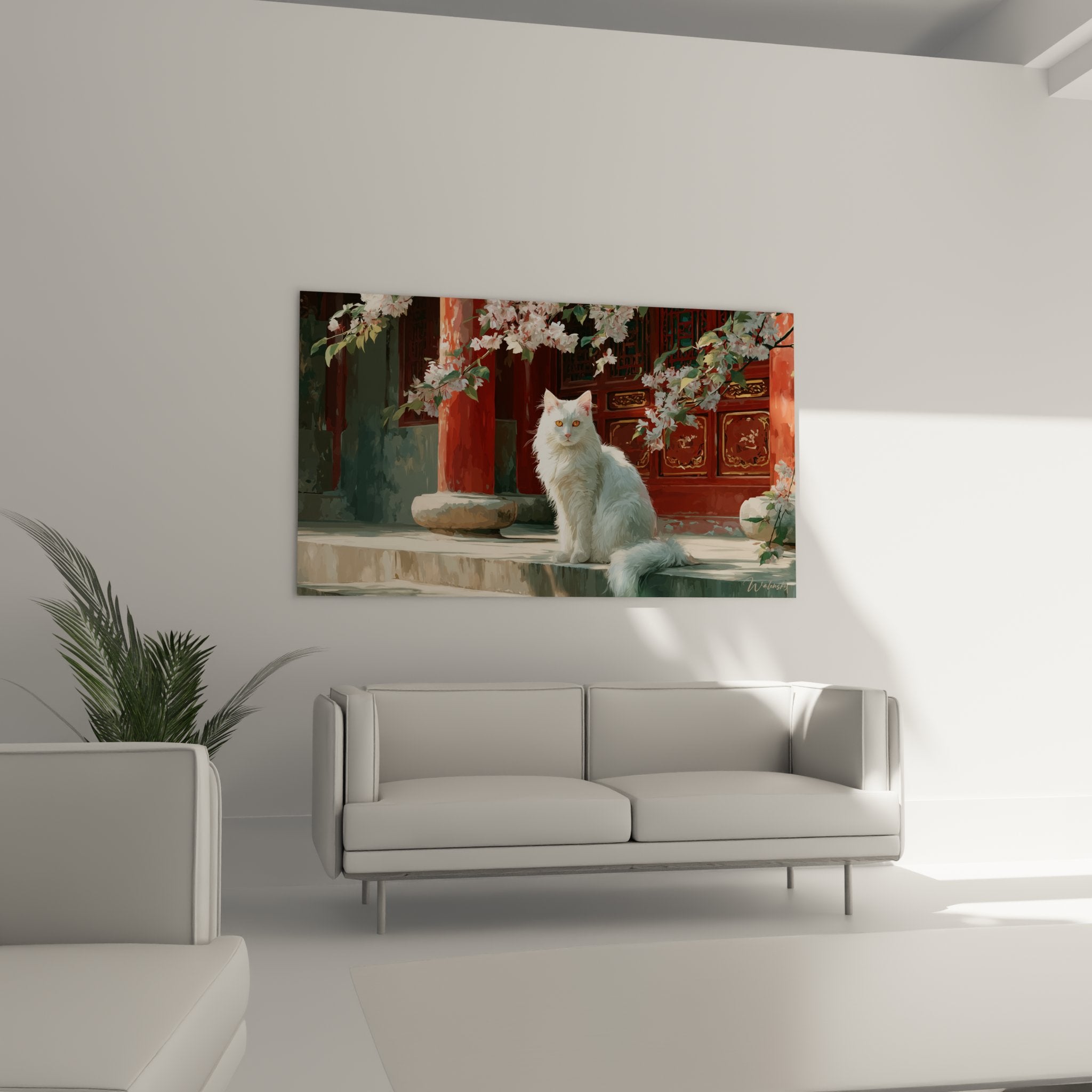 Close-up of white Turkish Angora cat with golden gaze in flowering Asian temple setting