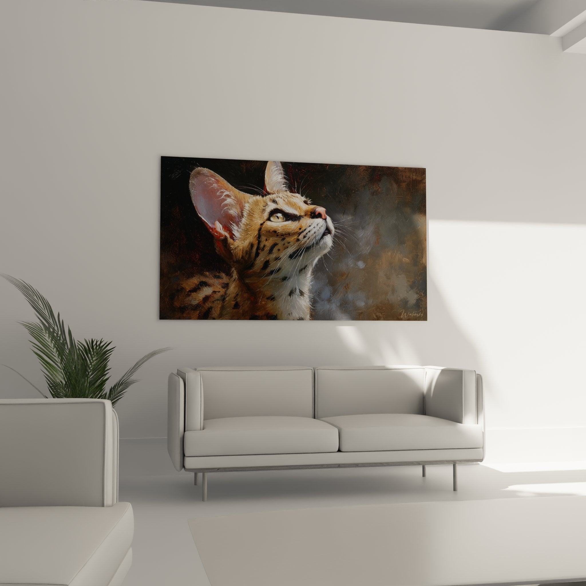 Gros plan sur les détails du tableau chat Savannah : yeux dorés et motifs tachetés réalistes