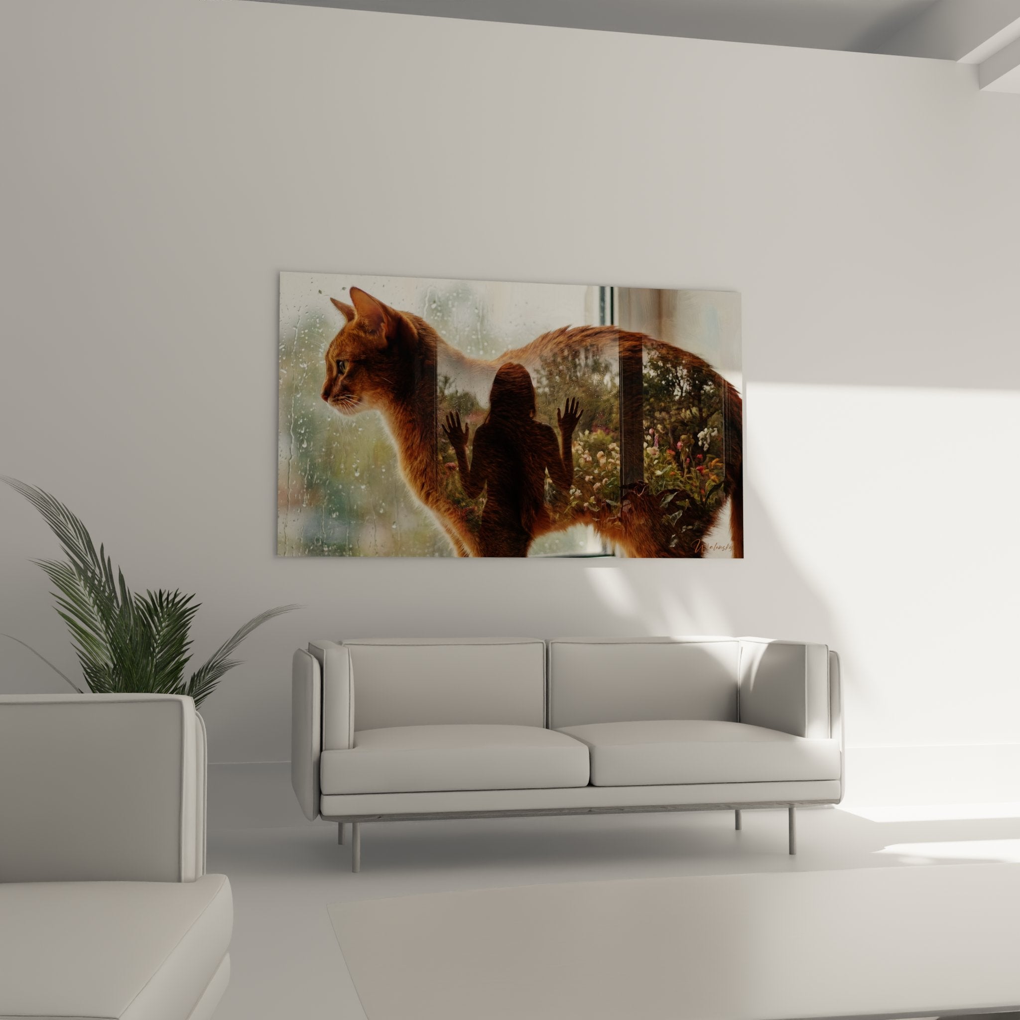 Dettaglio ravvicinato quadro gatto abissino che mostra tecnica di doppia esposizione e effetti artistici subtili