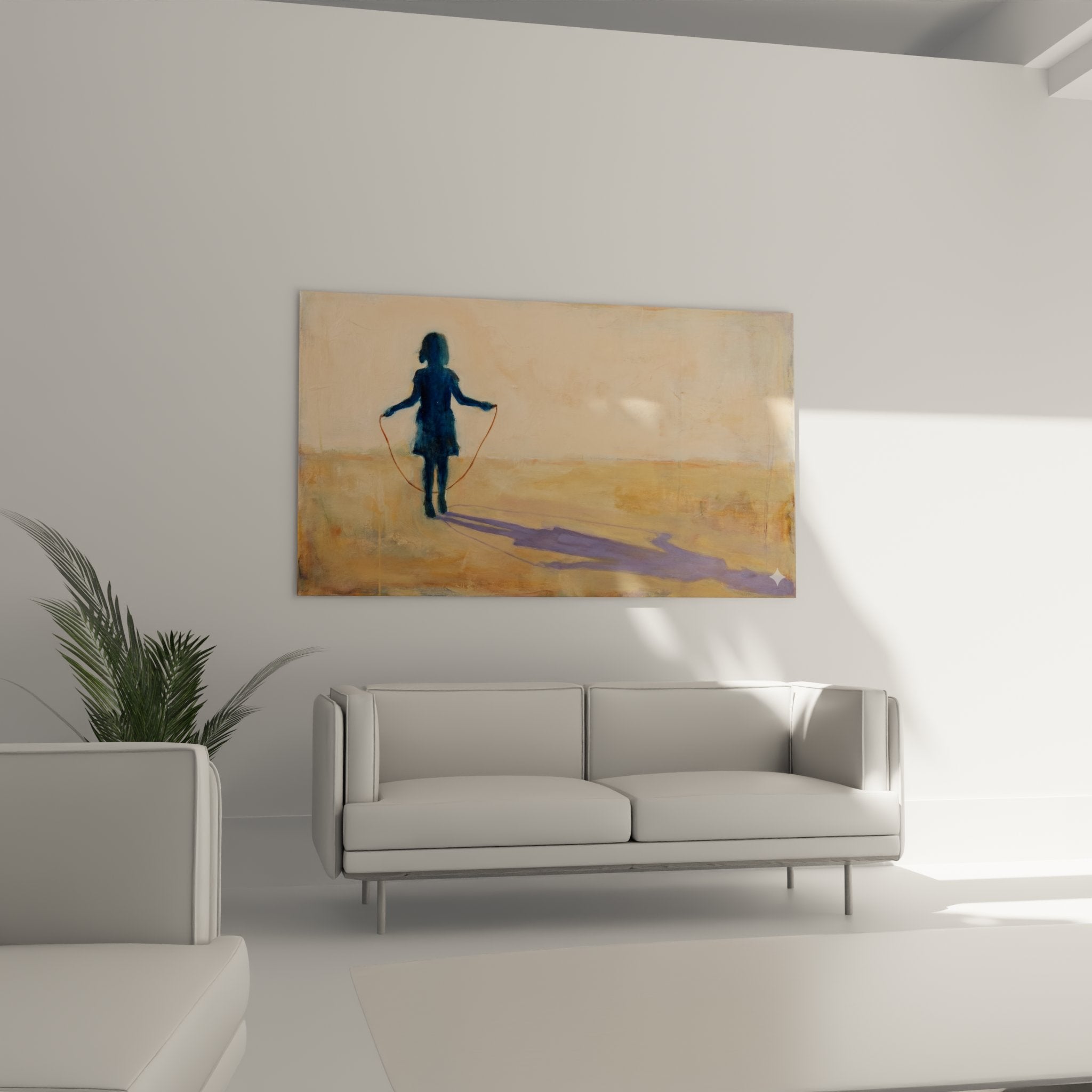 Detail tableau enfant corde sauter technique peinture moderne couleurs bleues dorees texture artistique