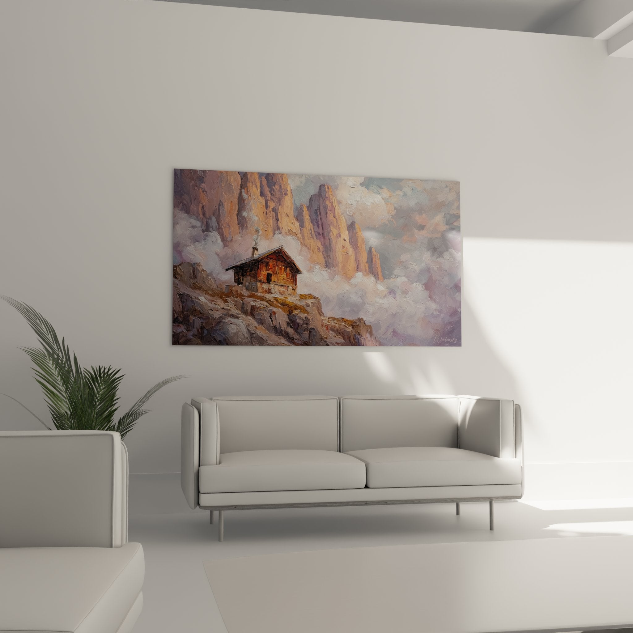 Textured alpine painting detail with thick impasto strokes, traditional wooden chalet in the Dolomites, picturesque mountain technique