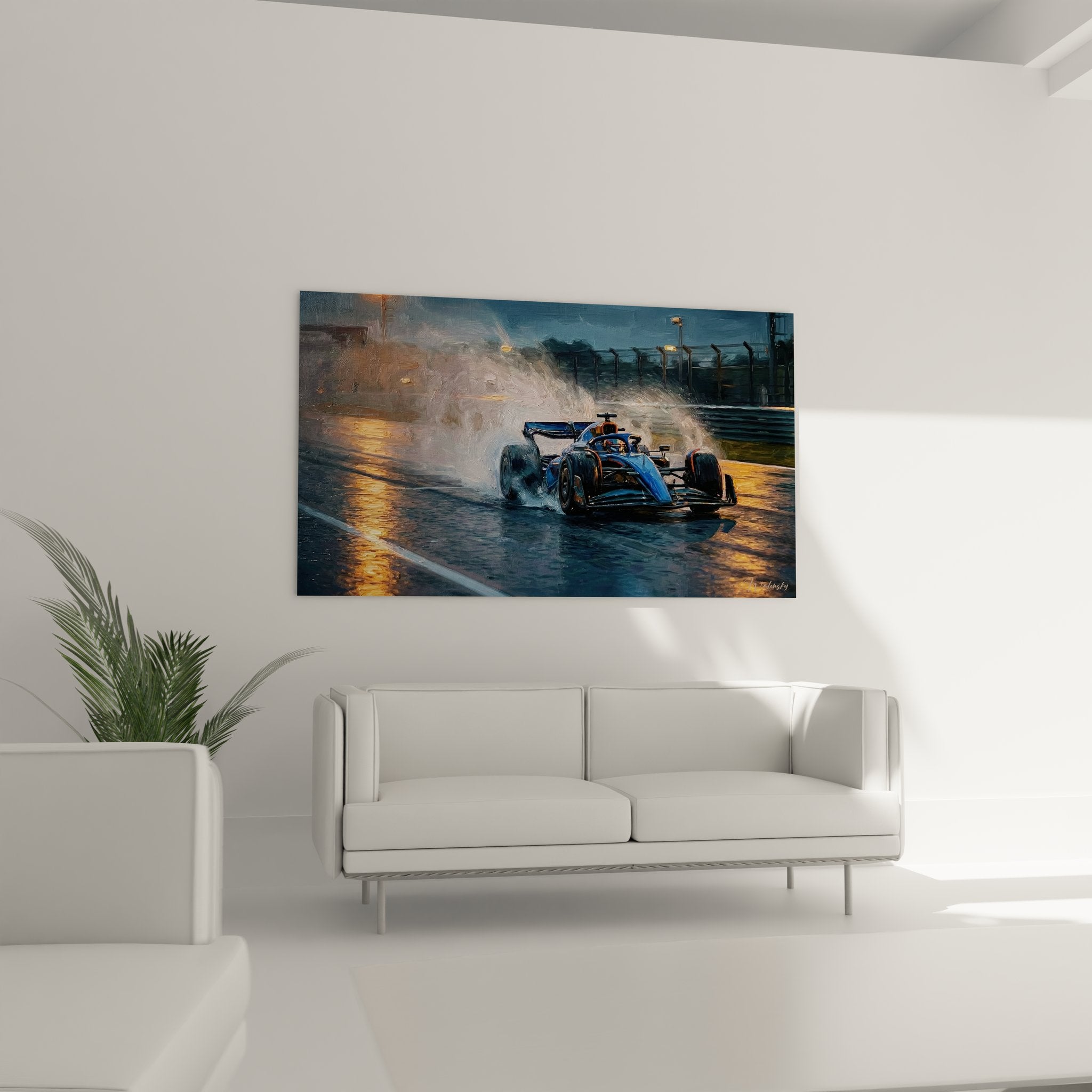 Detail peinture Formule 1 effets eau pluie monoplace bleue reflets dores asphalte mouille