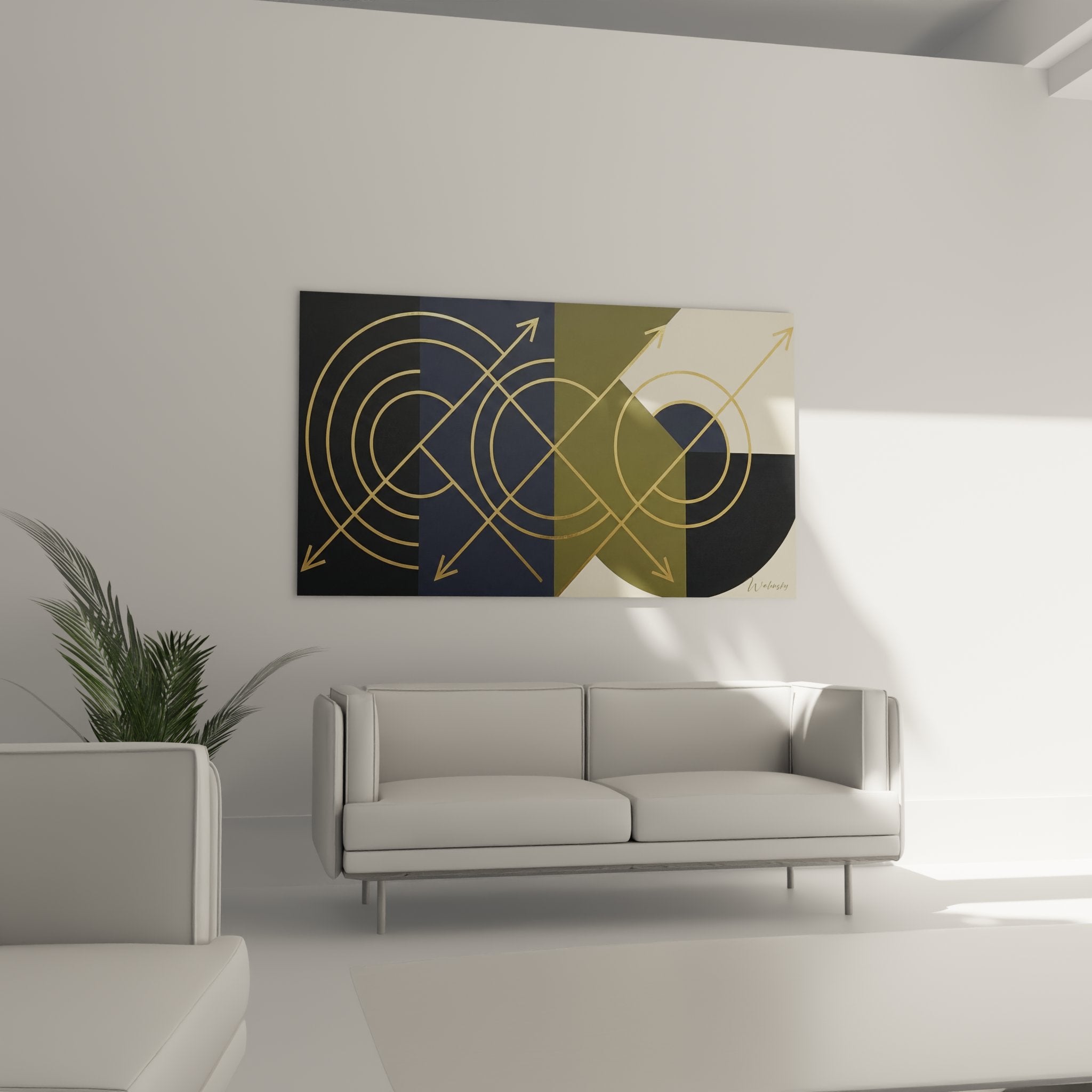 Detail des lignes dorees et formes geometriques abstraites du tableau contemporain