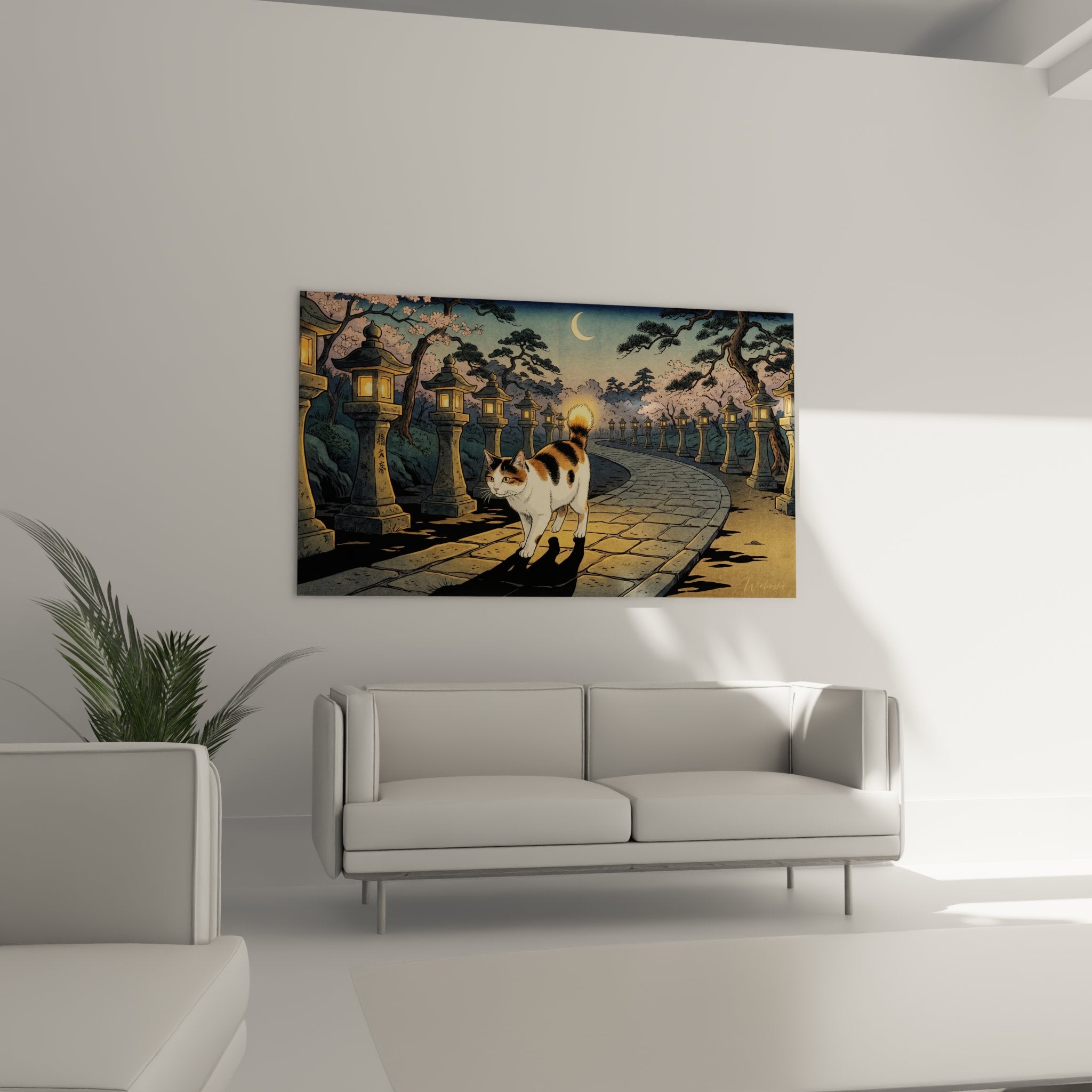 Detail chat Japanese Bobtail pelage tricolore queue courte sur chemin pave temple lanternes pierre