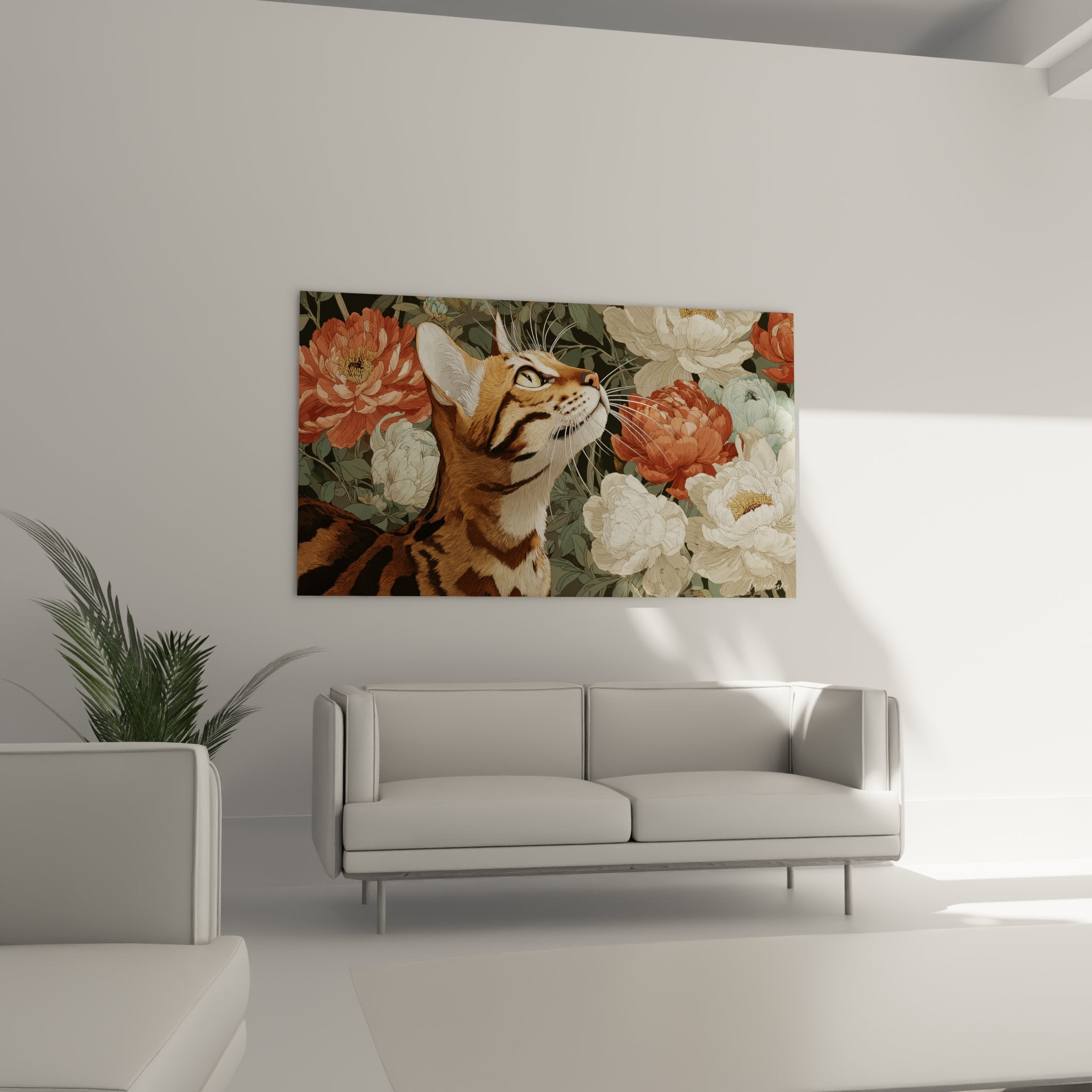 Detail du tableau montrant la tete du chat Toyger avec ses rayures brunes et ses yeux perçants parmi les fleurs