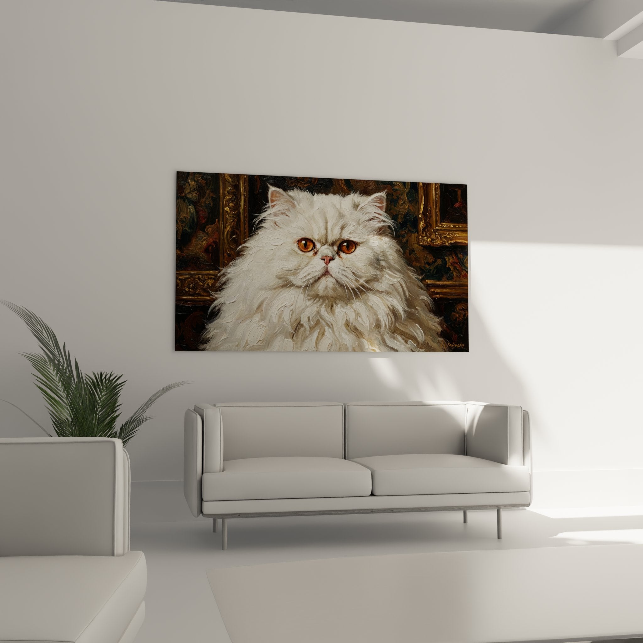 Gros plan sur les yeux dorés expressifs et le pelage soyeux blanc du chat persan du tableau artistique