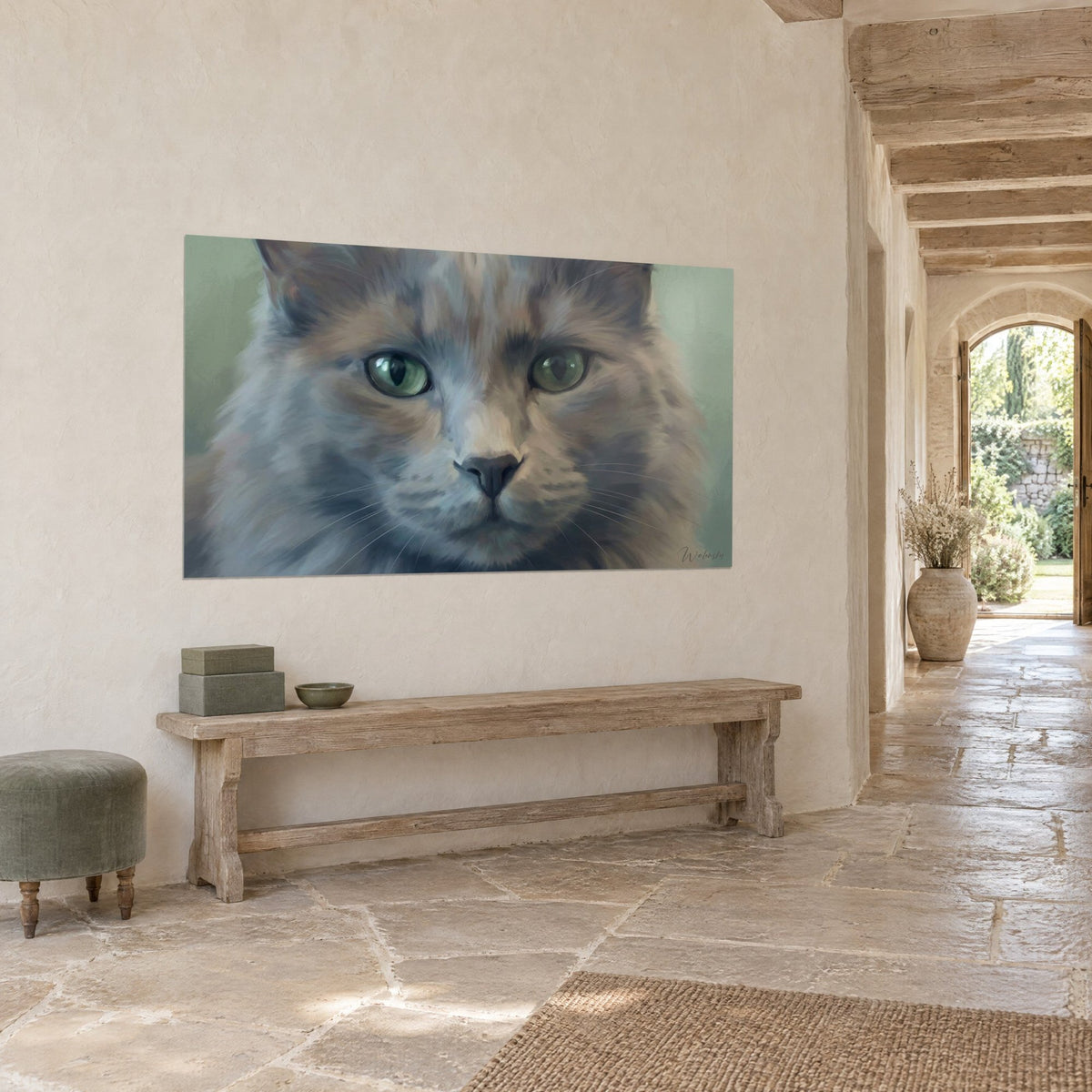 Wall art feline with slate and tawny fur, intense green gaze, on a pale stone wall beside a vaulted arch