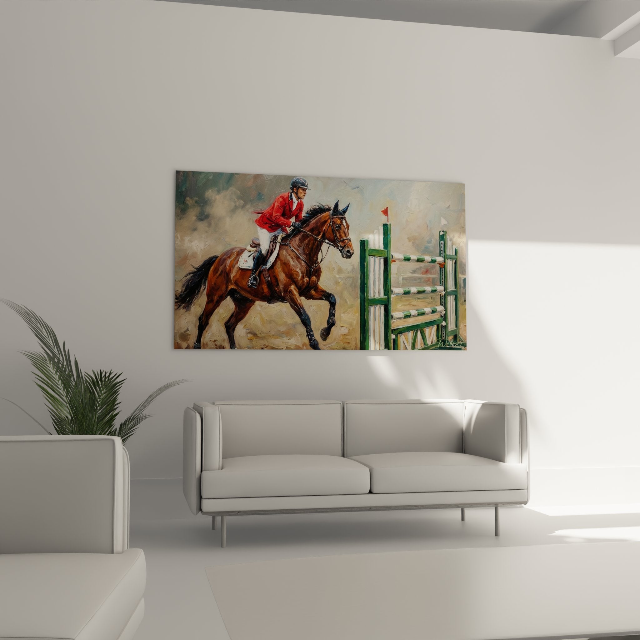 Dettaglio ravvicinato quadro equestre cavaliere casco nero giubbetto rosso cavallo baio muscoli tesi salto ostacolo verde