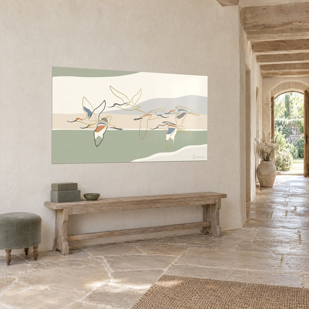 Tableau vol d'avocettes élégantes aux ailes bleu ardoise et roux, contours dorés sur bandes beige et vert sauge, hall en pierre