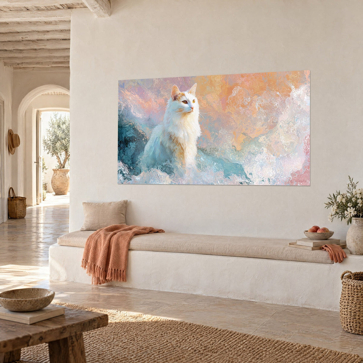 Schilderij onberispelijke angorakat met amberkleurige ogen, perzik- en turquoise wolken, driekwart aanzicht op een witgekalkte muur