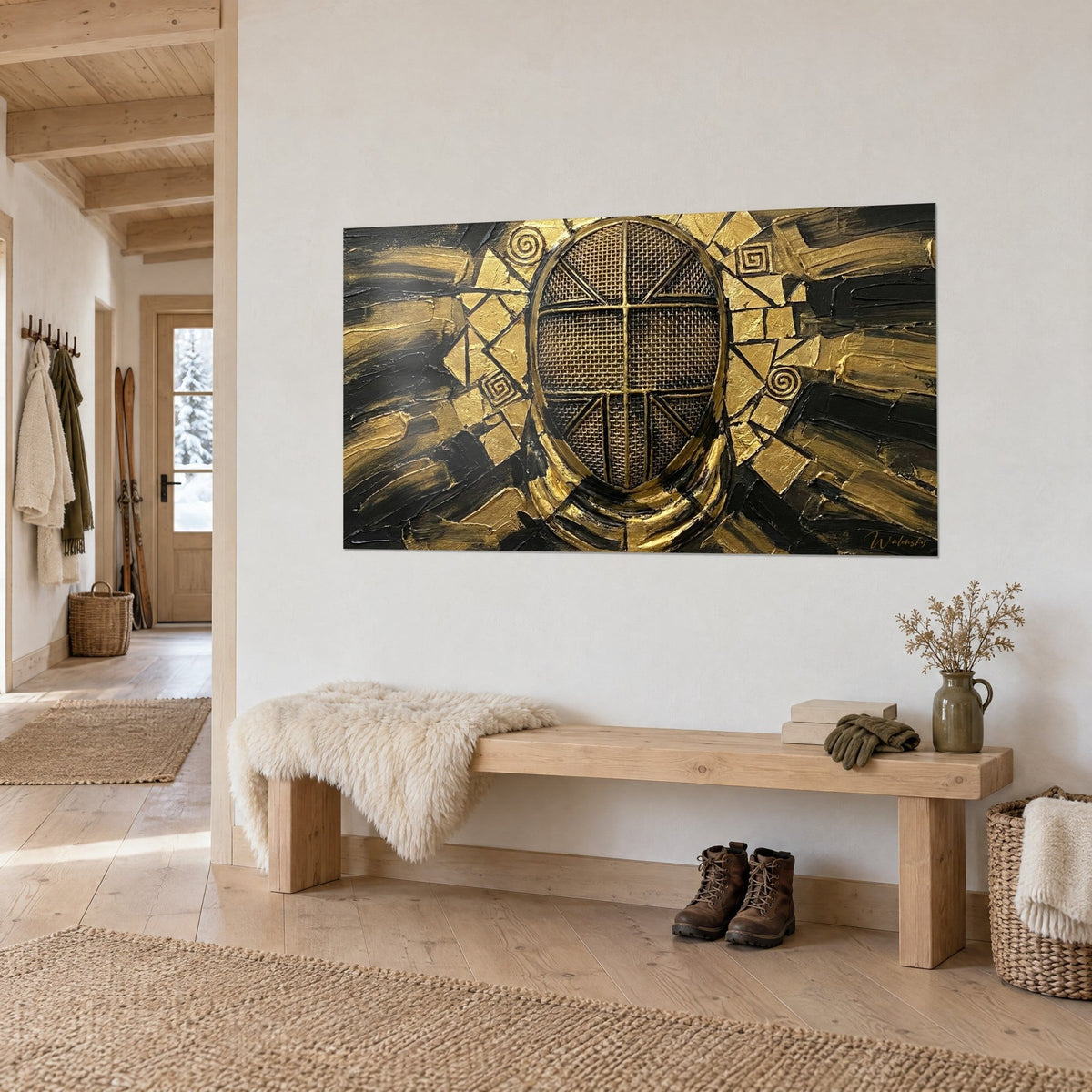 Cuadro casco de esgrimista en rejilla de bronce, destellos de pan de oro sobre fondo negro, banco de madera, entrada de chalet