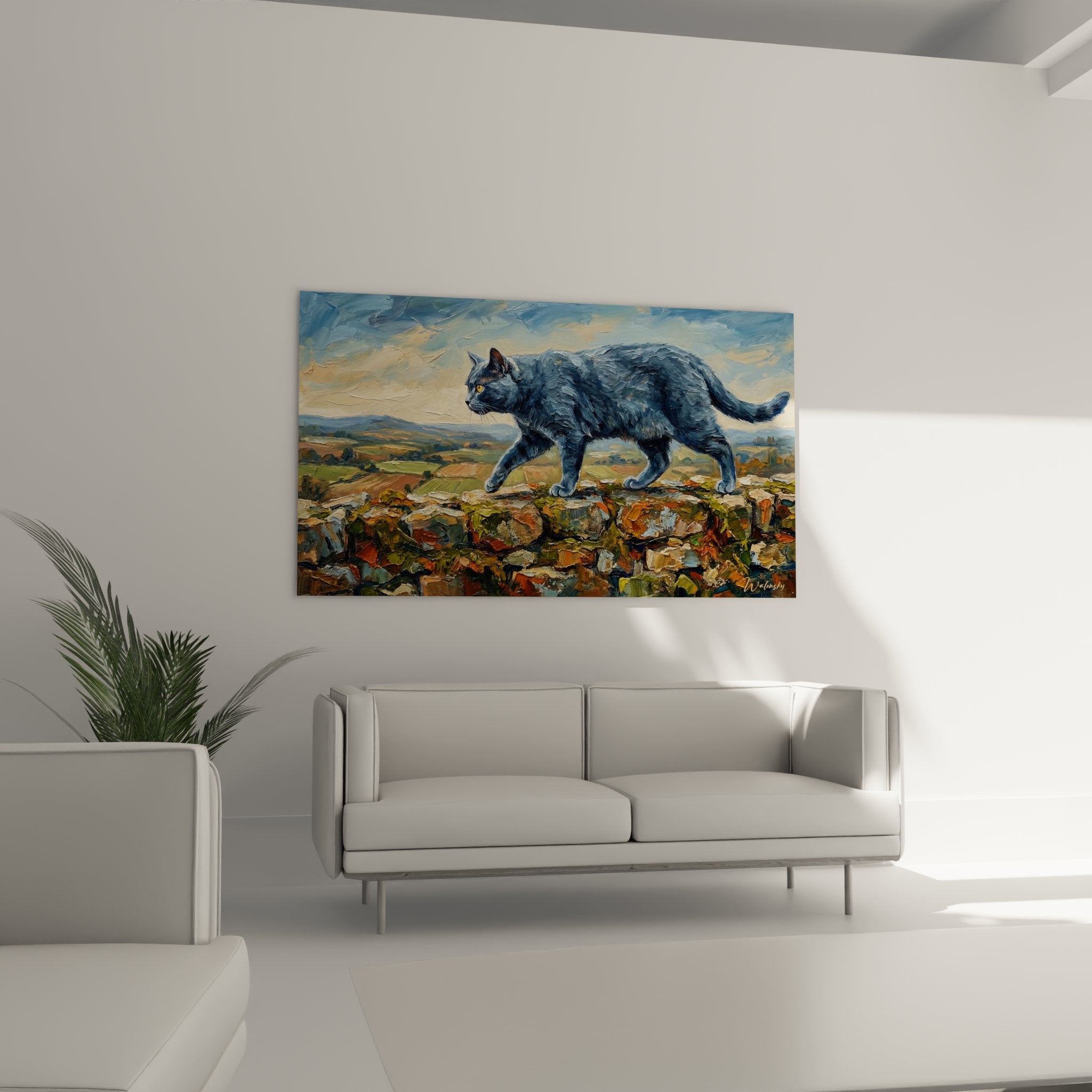 Détail rapproché tableau chat Chartreux montrant texture pelage gris-bleu et expression contemplative