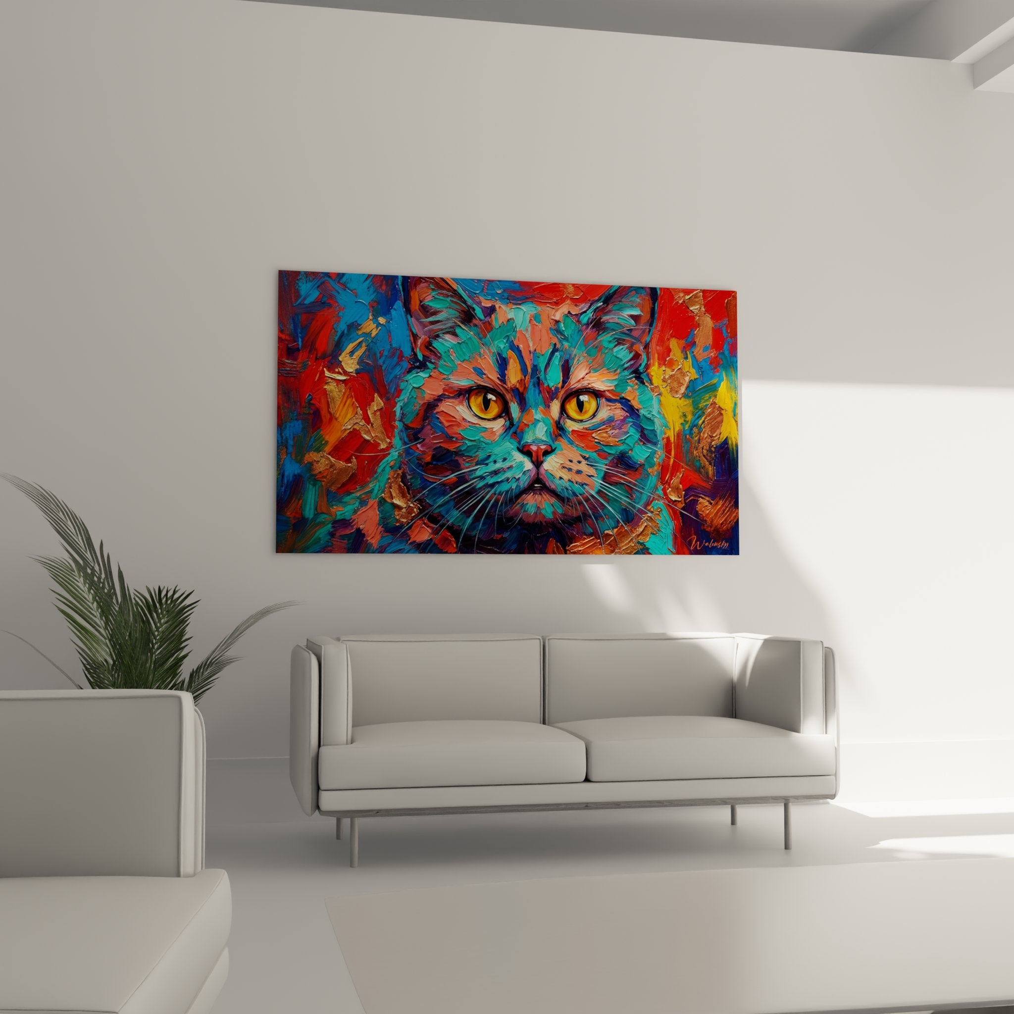 Detail tableau chat British Shorthair expressionniste yeux dores peinture coloree texture artistique