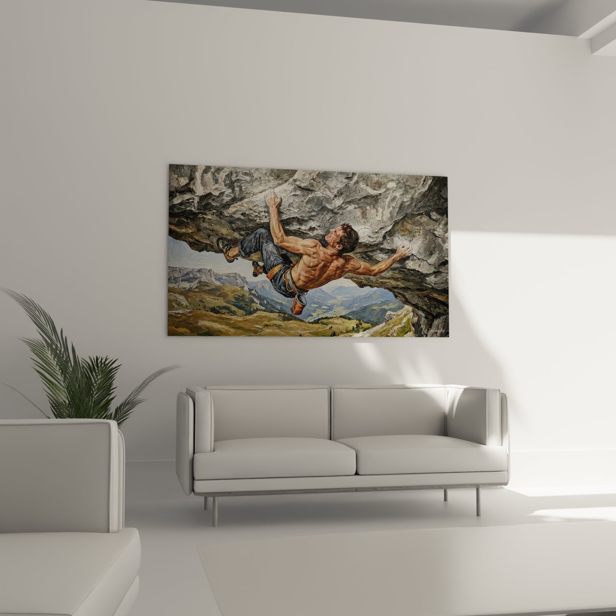 Detail tableau grimpeur escalade technique realiste muscles effort surplomb roche calcaire