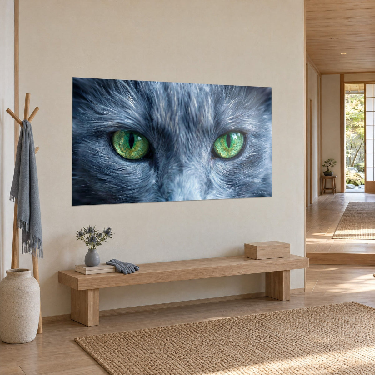 Wall art green feline gaze under silvery fur, black vertical pupils, three-quarter view beside a wooden bench