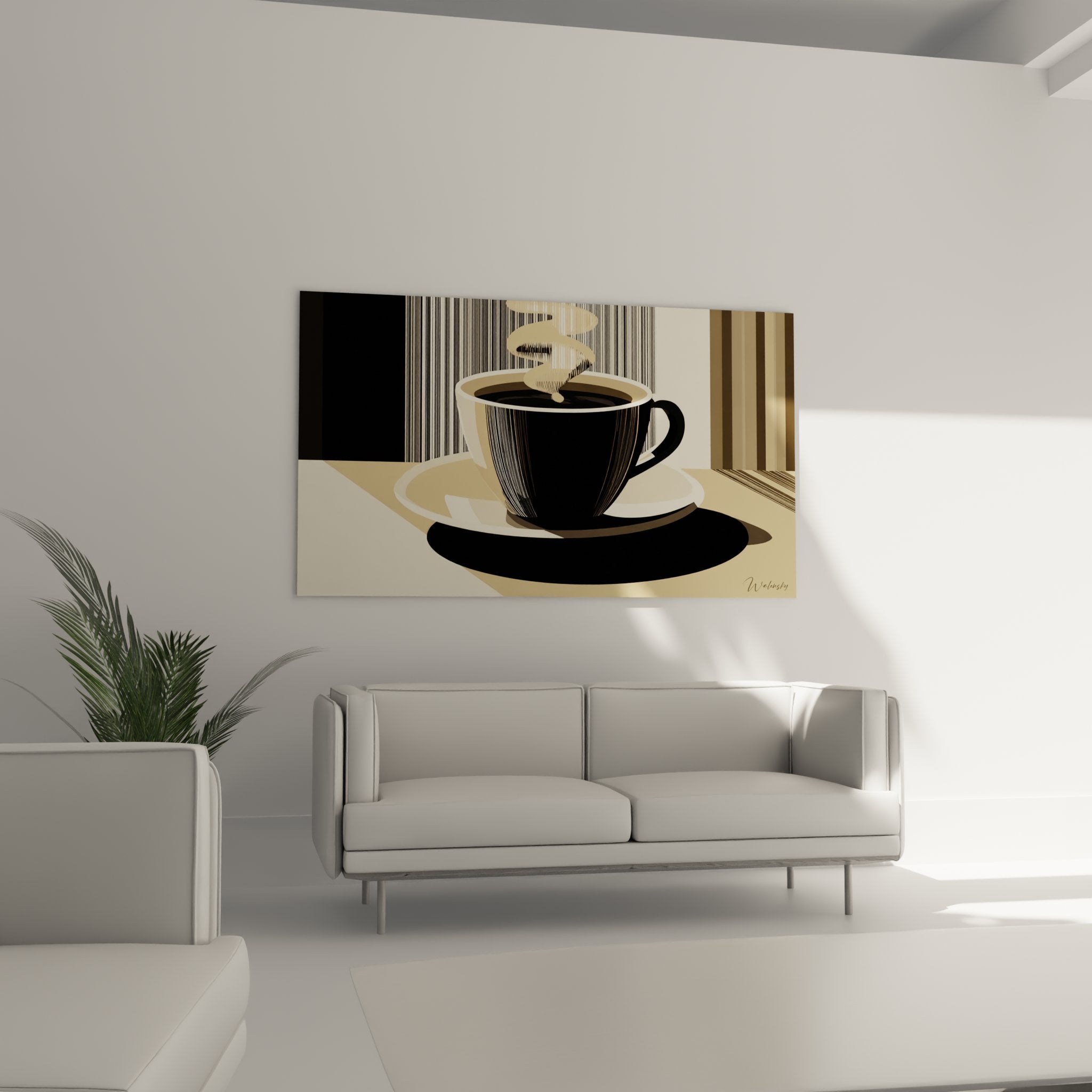 Detail tableau cafe art deco montrant tasse noire rayee avec soucoupe creme et ombre portee realiste