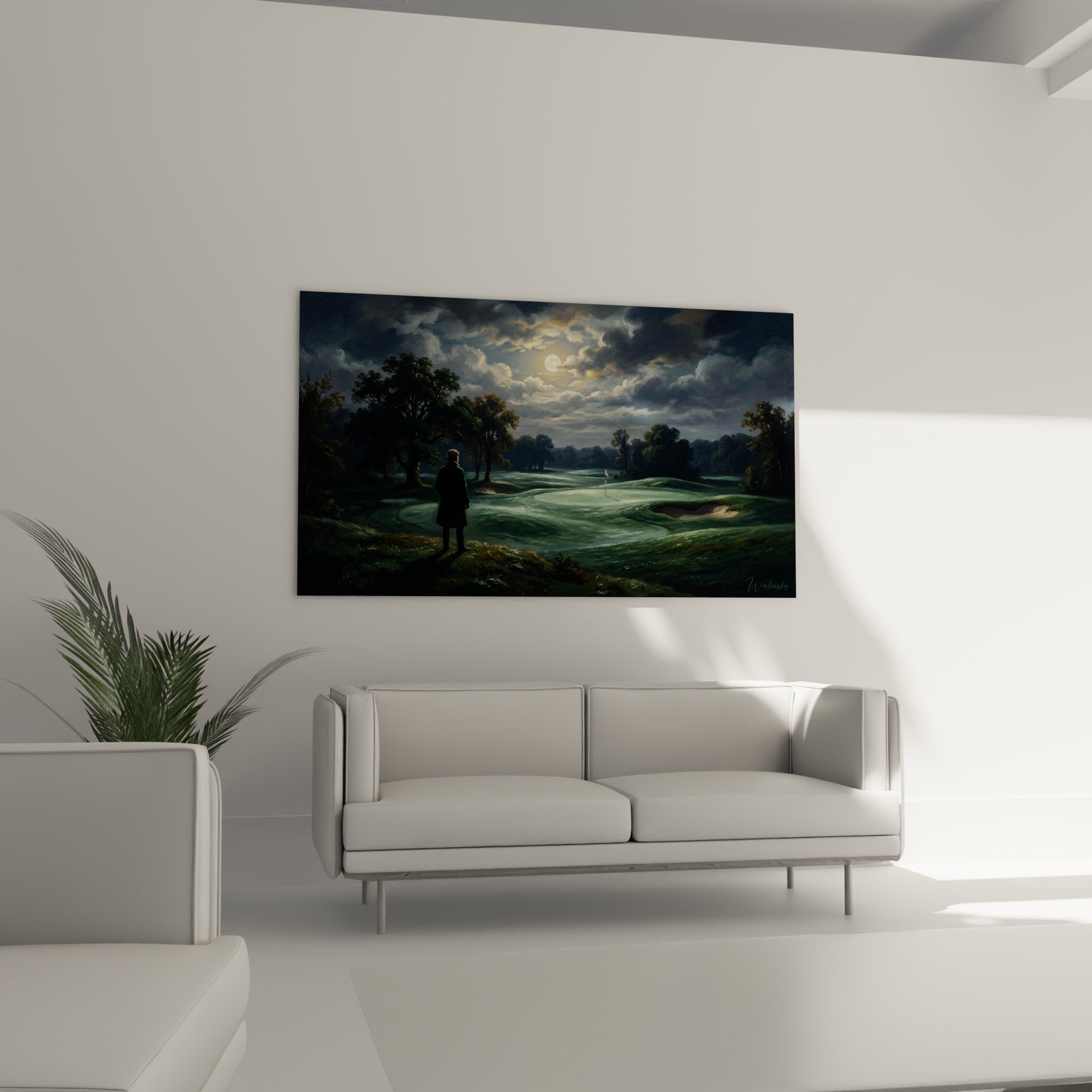 Détail tableau golf nocturne montrant technique picturale, lumière lune sur parcours et silhouette golfeur