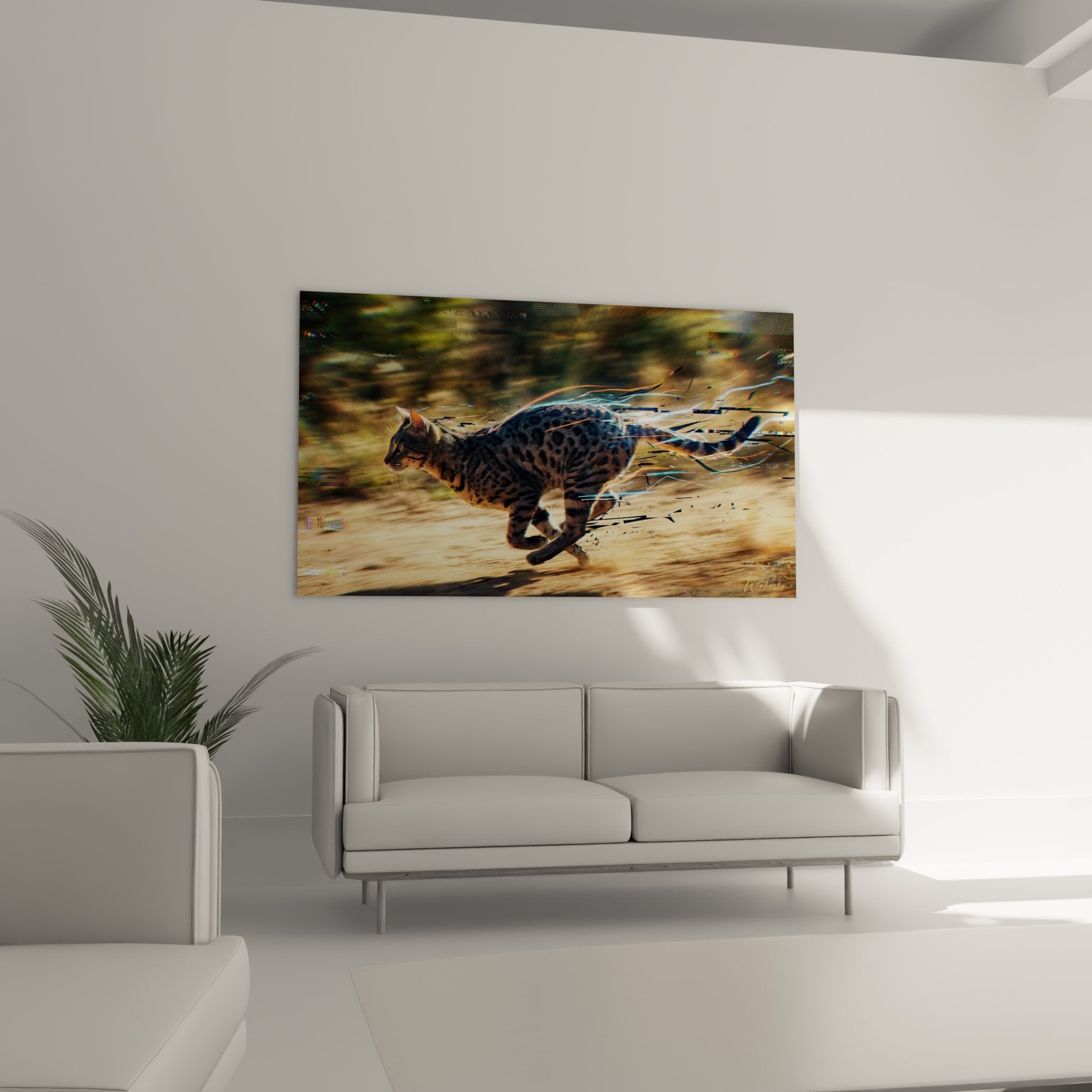 Dettaglio quadro Egyptian Mau in movimento, mantello maculato ed effetti luminosi artistici