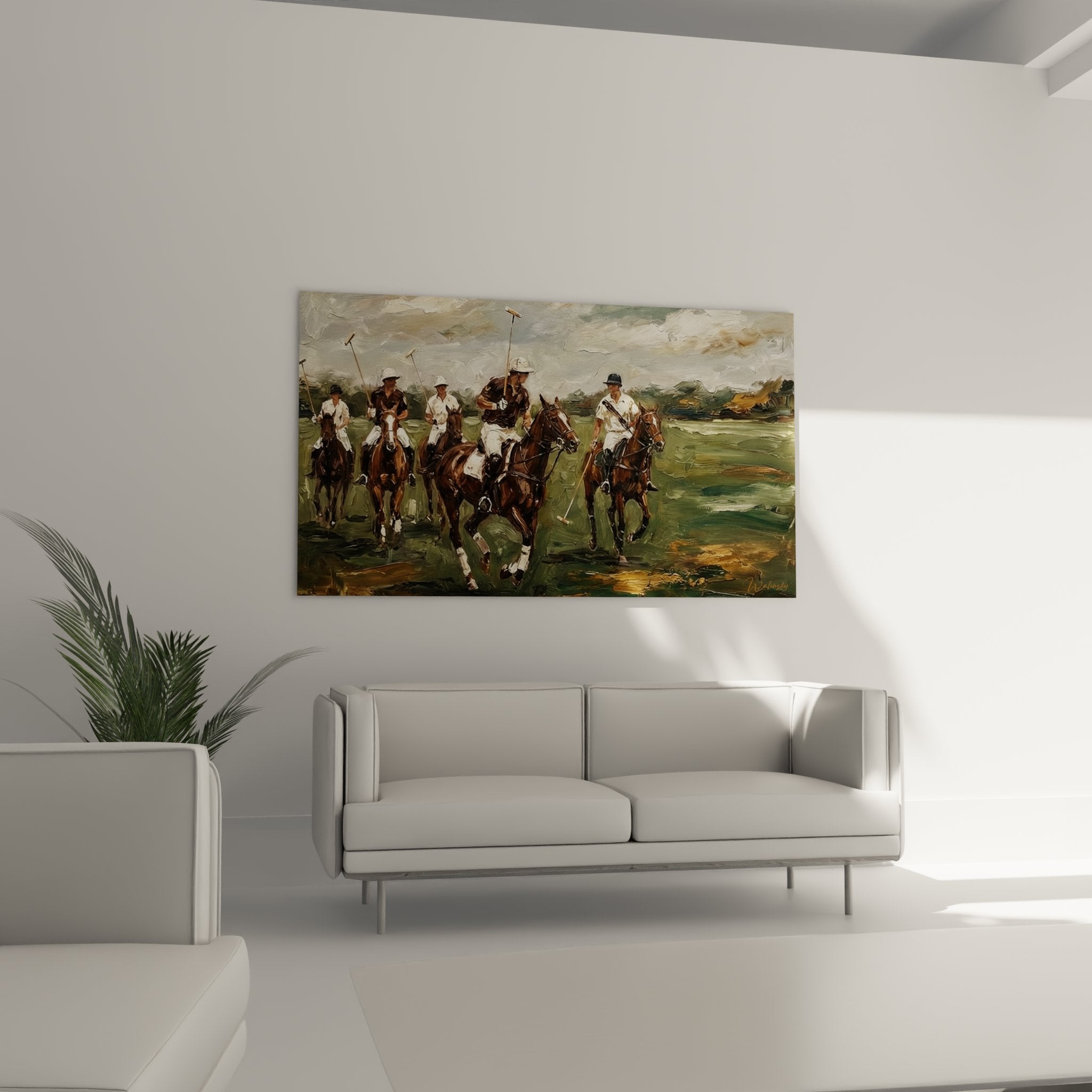 Détail peinture polo montrant cavaliers casqués avec mallets sur chevaux en plein galop