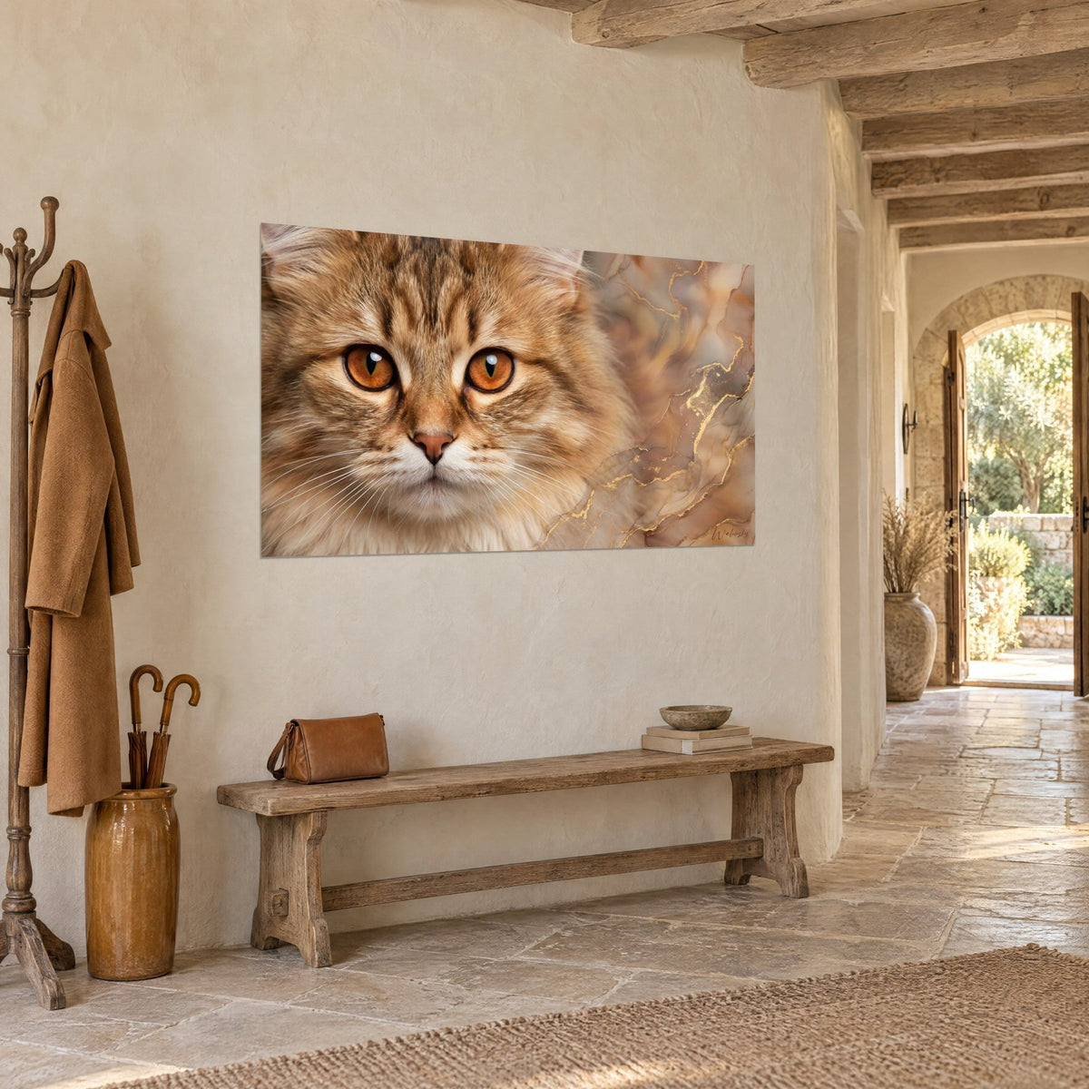 Wall art Ragamuffin cat with golden gaze, pink muzzle and cream-brown fur on beige marble background, stone hallway and wooden bench
