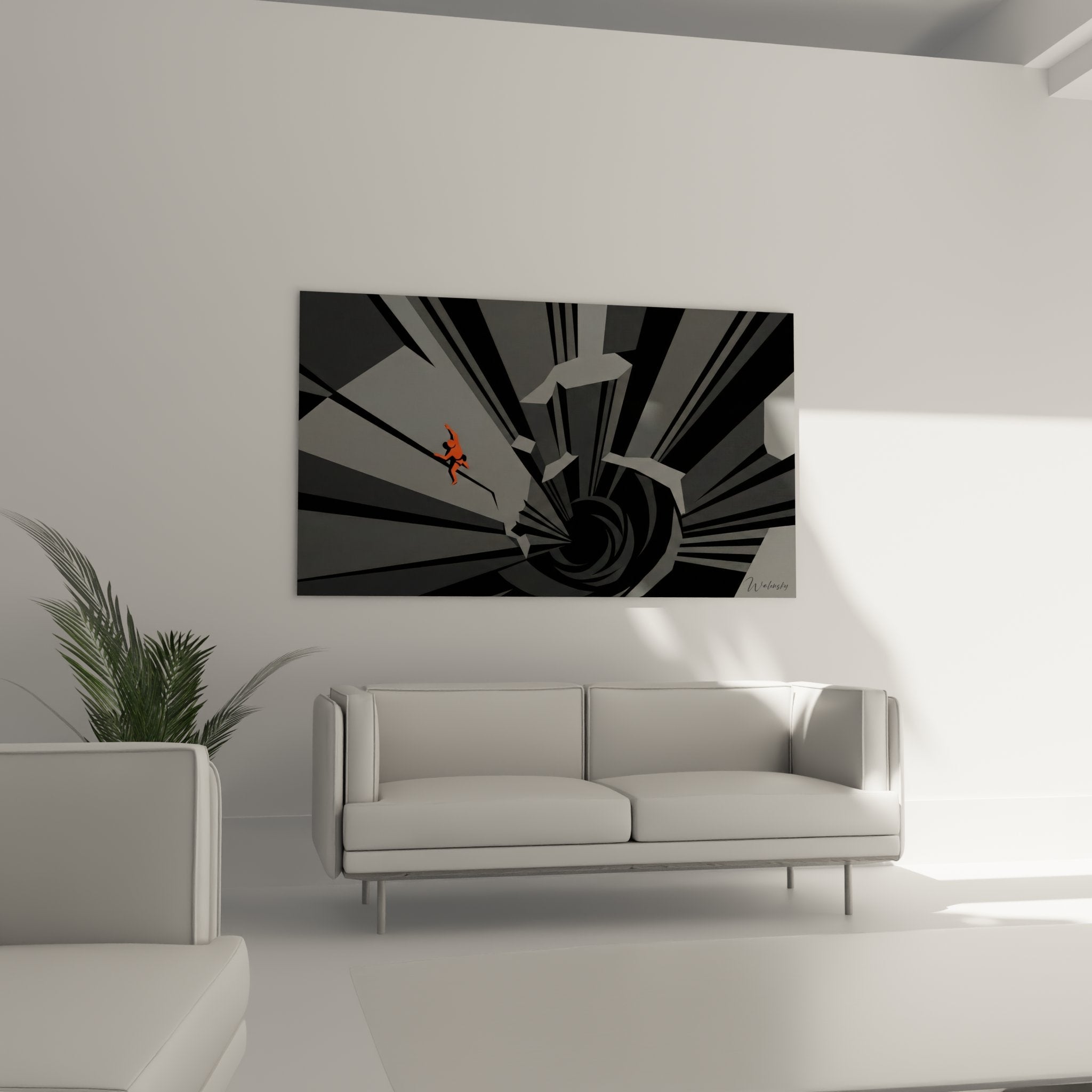 Détail tableau escalade abstraite - formes géométriques et perspective vertigineuse art moderne