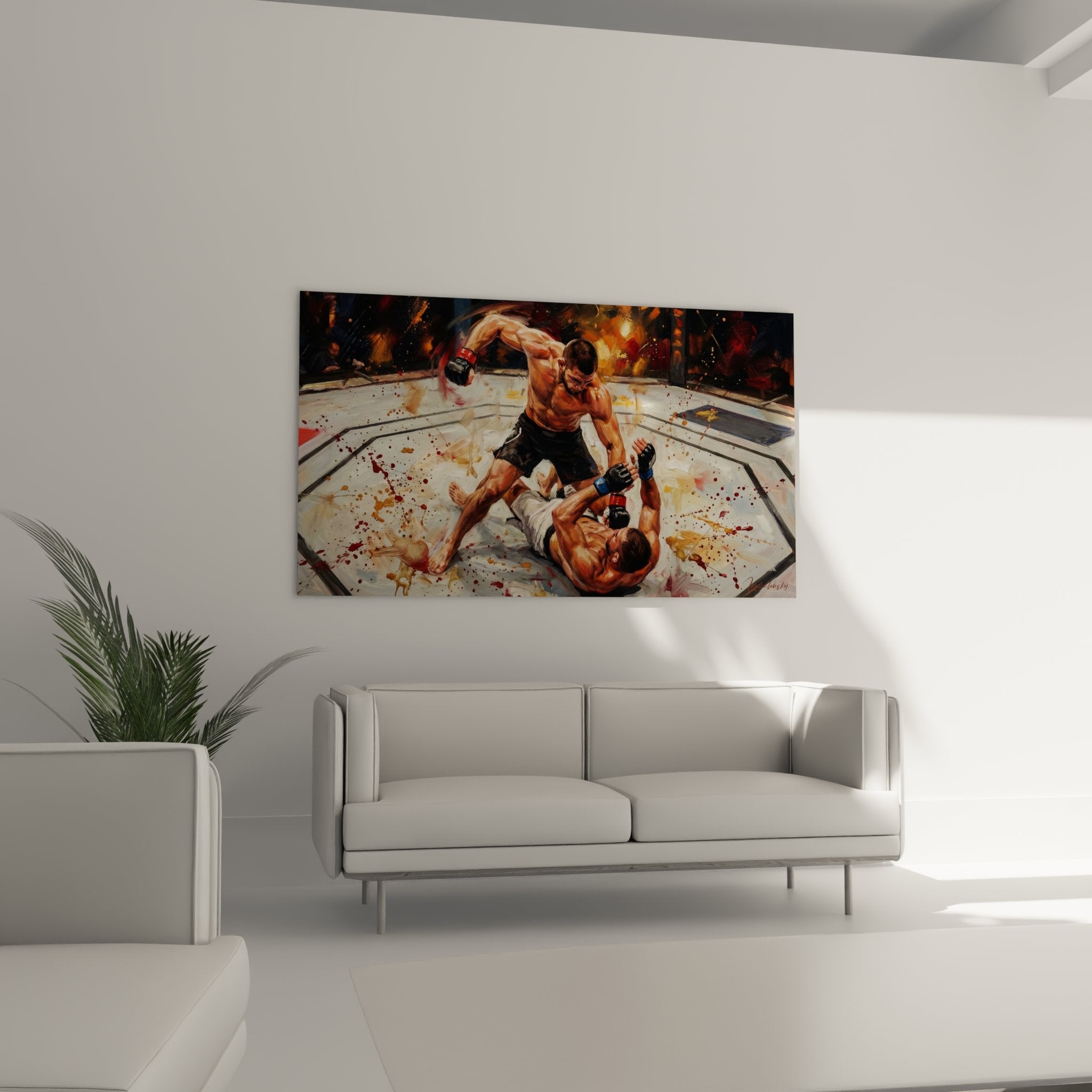 Detail tableau MMA ground and pound, peinture realiste de combattants arts martiaux mixtes octogone